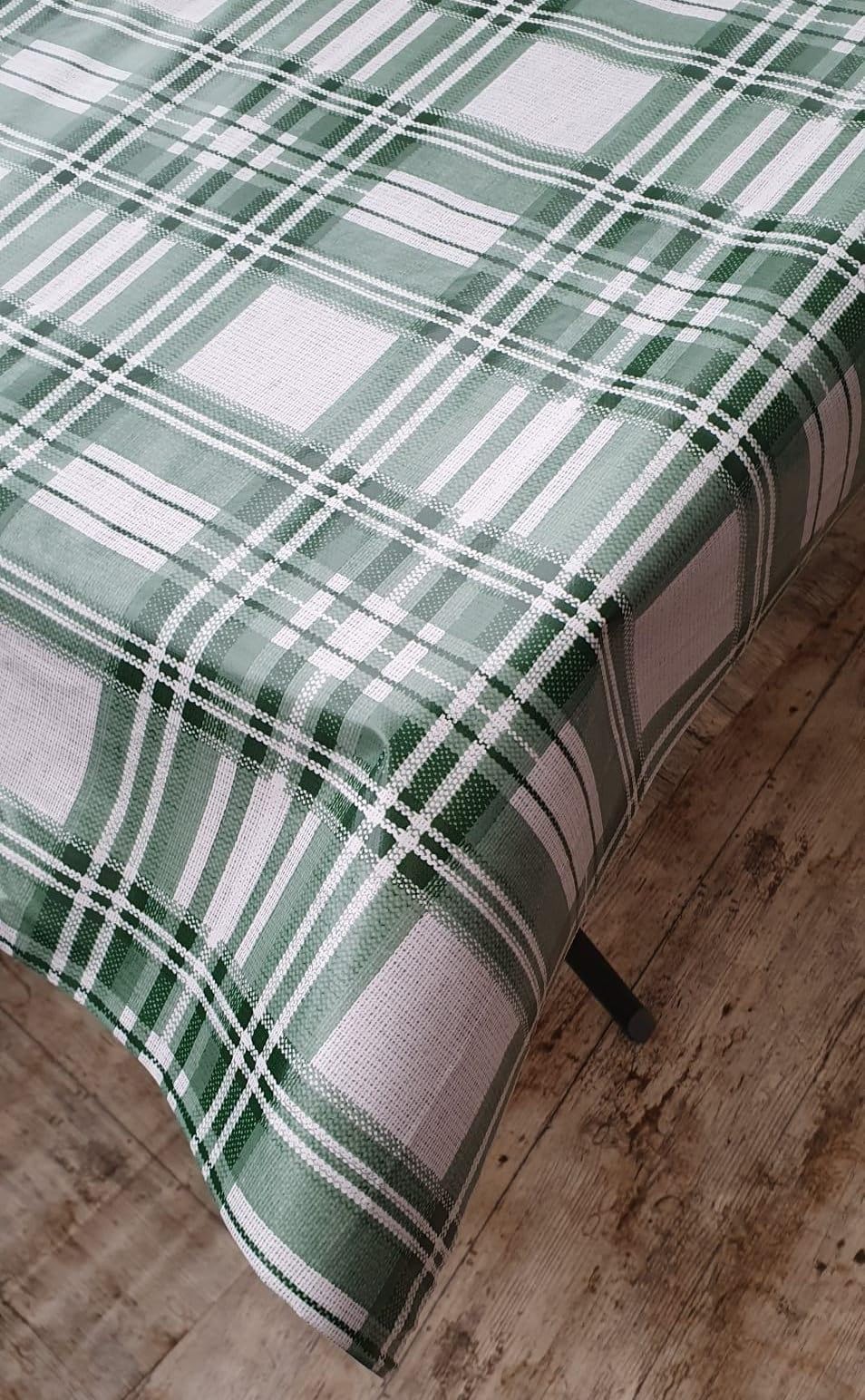 Designers247 Plain Off White Green Highland Check PVC Table cloth Tartan Checked Striped PVC Plastic Oil Vinyl Wipe Clean Party Table Cloth Protector (100cm x 140cm Rectangle 39" x 54" inches)