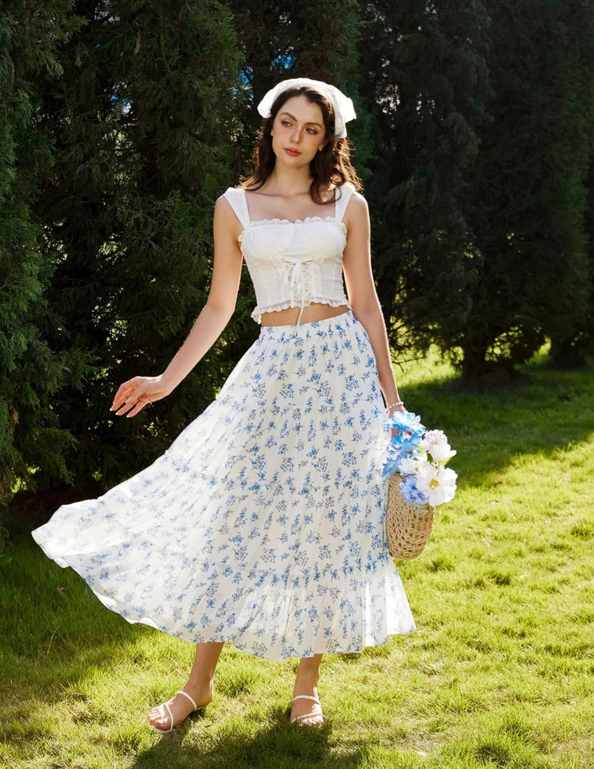 Scarlet Darkness Floral Maxi Long Skirts for Women Summer 2026 Tiered Skirt Flowy Boho Fairy Skirt with Pockets - Image 4