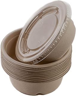[25 PACK] 12oz Round Disposable Compostable Bowls with Lids Natural Sugarcane Bagasse Bamboo Fibers Sturdy Eco Friendly Environmental Paper Plastic Bowl Alternative Tree Free
