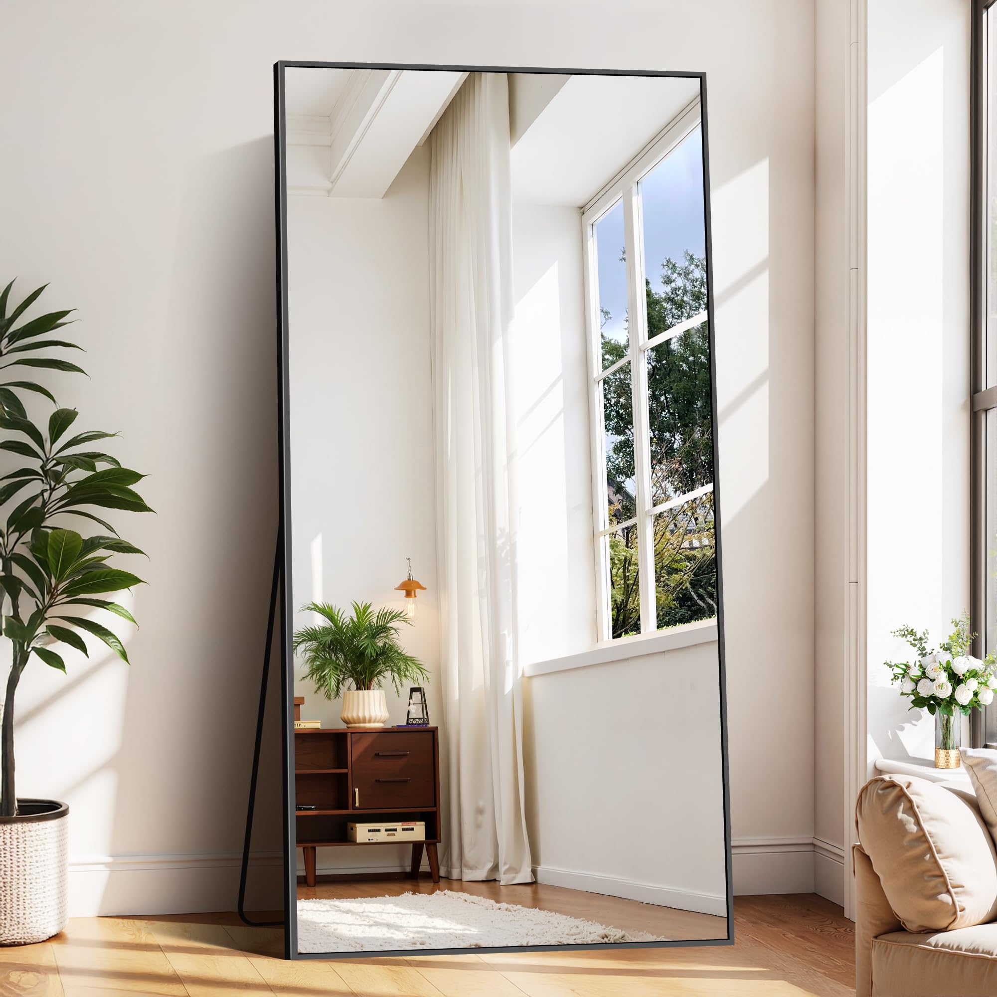 BONEWEI Ganzkörperspiegel 198 x 96 cm, Groß Standspiegel mit schwarzem Aluminiumrahmen, Großer Wandspiegel, Rechteckiger Bodenspiegel, für Schlafzimmer, Eingangsbereich, Flur, Heimdekorationn