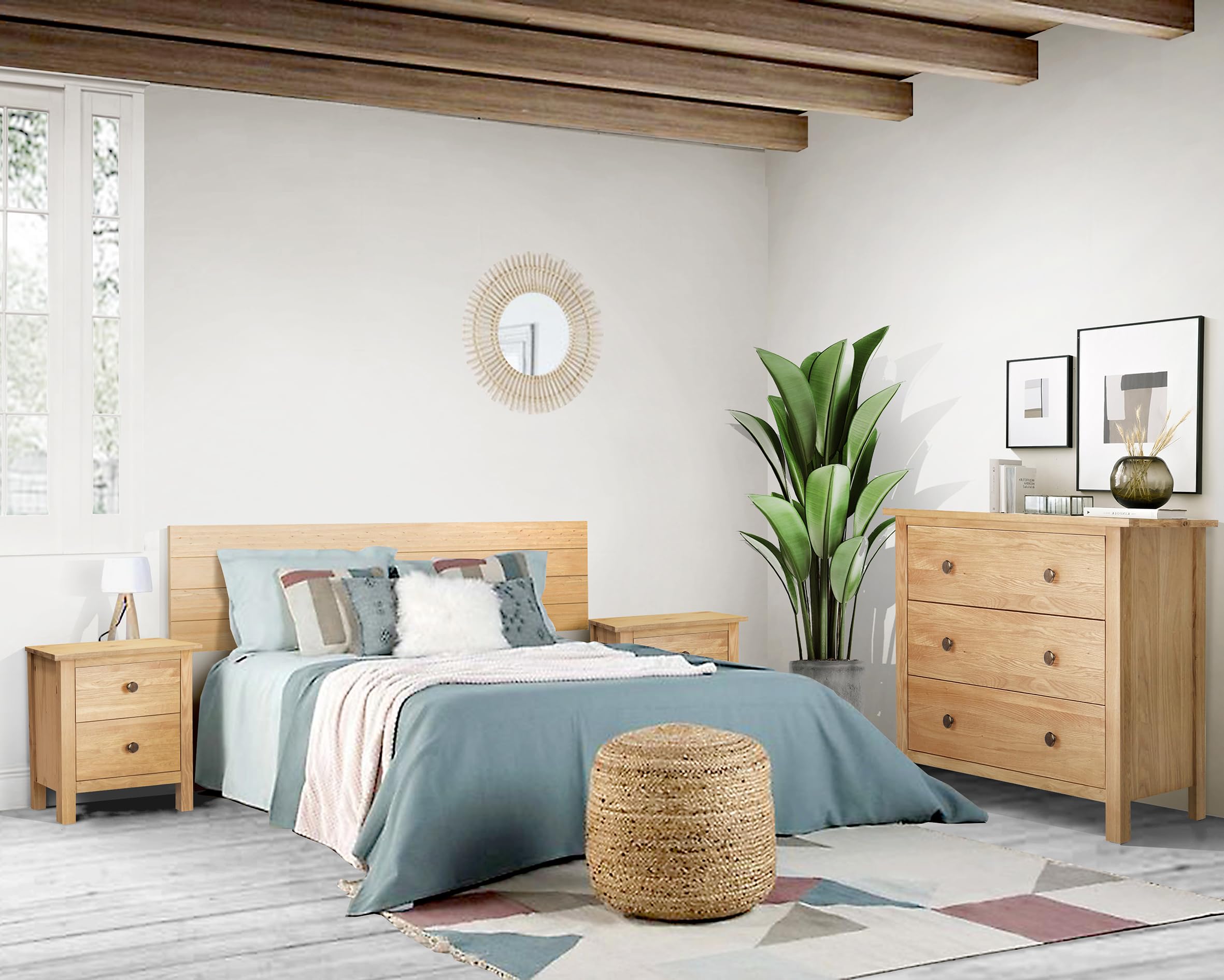Buyqualia Conjunto de Dormitorio - Juego de cabecero, mesitas de Noche de 2 cajones y Comoda de 3 cajones - Colección Magda - Madera Maciza - para Camas de 90 y 105cm- Color: Miel-Roble (Cabecero)