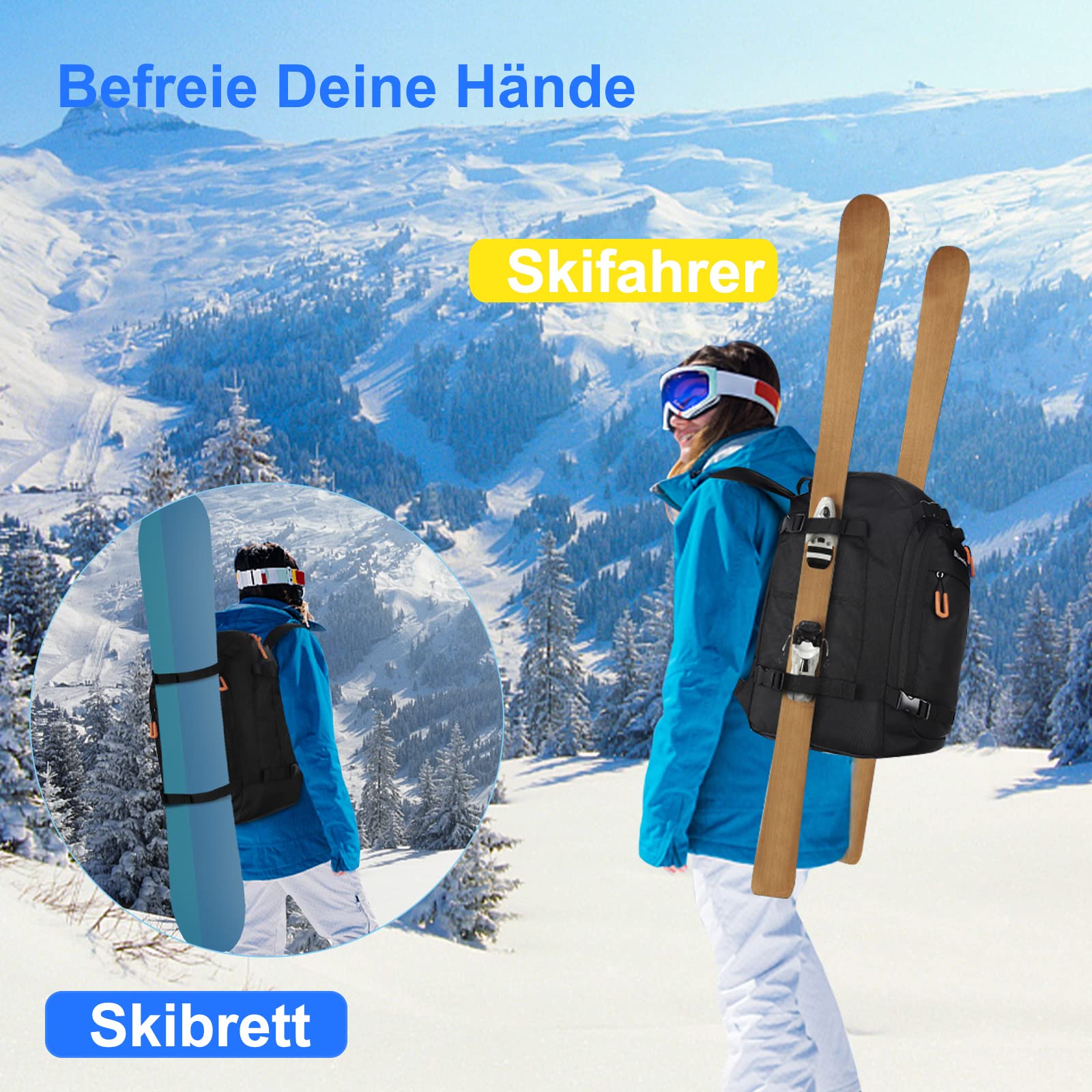 Bolsa para botas de esquí con compartimento para casco, 50 L, 1680D, nailon, mochila de esquí, con bolsa para casco, bolsa de esquí, para botas de esquí, patines, snowboard, naranja, Clásico