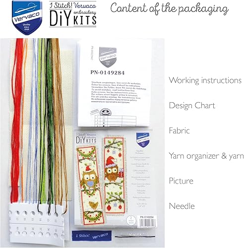 Miniatura 4 de Vervaco Kit de marcapáginas de punto de cruz (juego de 2) búhos en sombreros de Santa 2.4 x 8 pulgadas