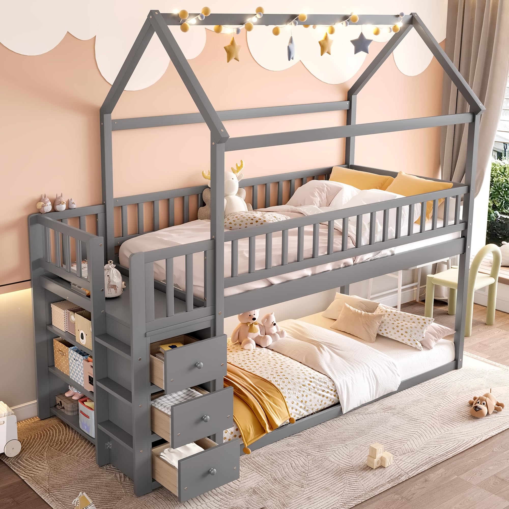 Bellemave Bunk beds Twin Over Twin Size with Drawers and Shelves Storage, Floor bunk Bed,Gray