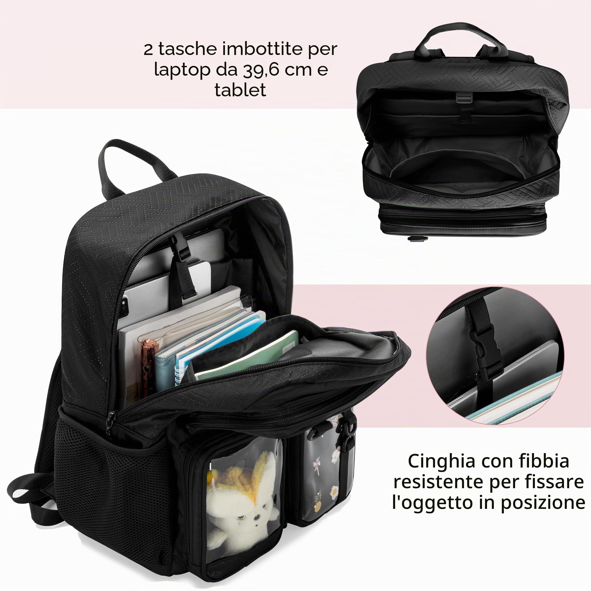 Zaino Ita Bag Kawaii con Pannello Espositivo per Spille, Nero | 2 Inserti Rimovibili, Scomparto per Laptop da 15,6", per Collezionisti di Spille/Comic Con, Solo Borsa Vuota