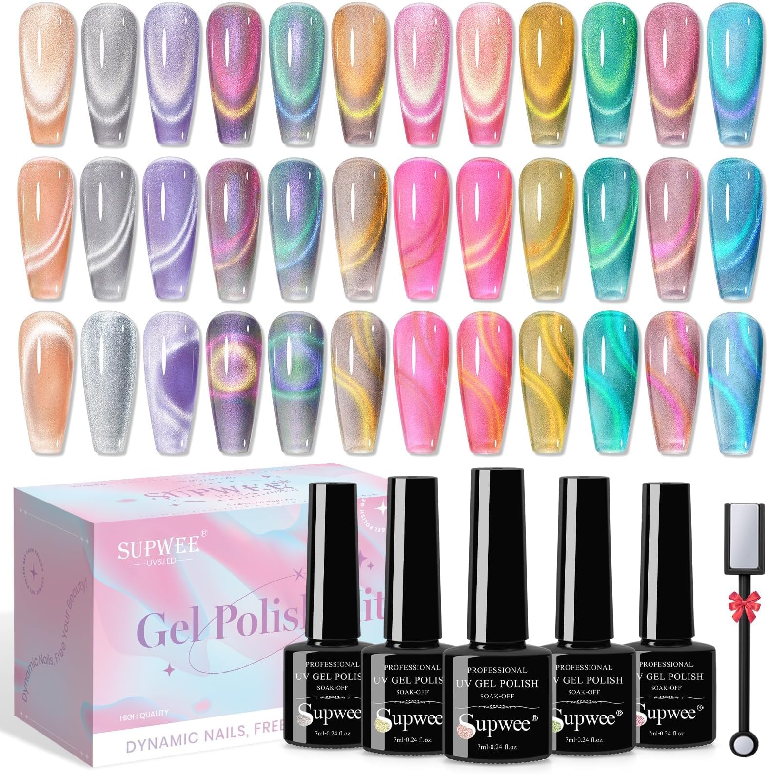 SUPWEE Cat Eye Gel Nail Polish Set- 12 Colors Magnetic Nail Polish Gels Summer Gel Nails Polish with Magnetic Stick Galaxy Effect Soak Off with UV Lamp Gift for Mother's Day