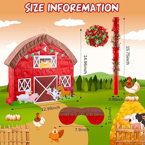 Miniatura 2 de El juego de piñata de granja incluye piñata de granero palo de murciélago confeti y máscara de ojos vendados para fiestas de cumpleaños de granja