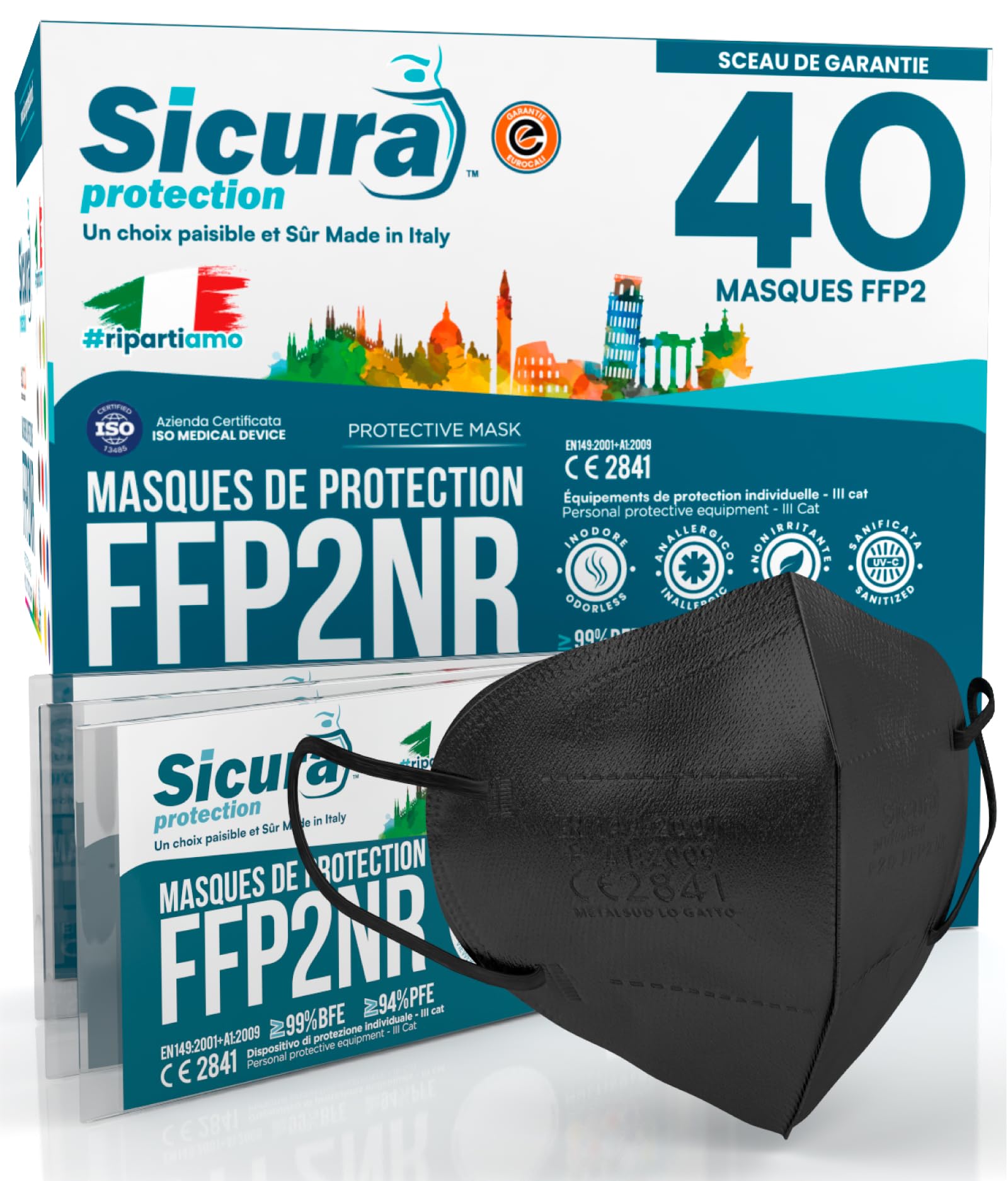 40 masques FFP2 Certifié CE NOIR Fabriqué en Italie BFE ≥99% Sanitized Masque FFP2 italien scellé individuellement EN 149:2001+A1:2009
