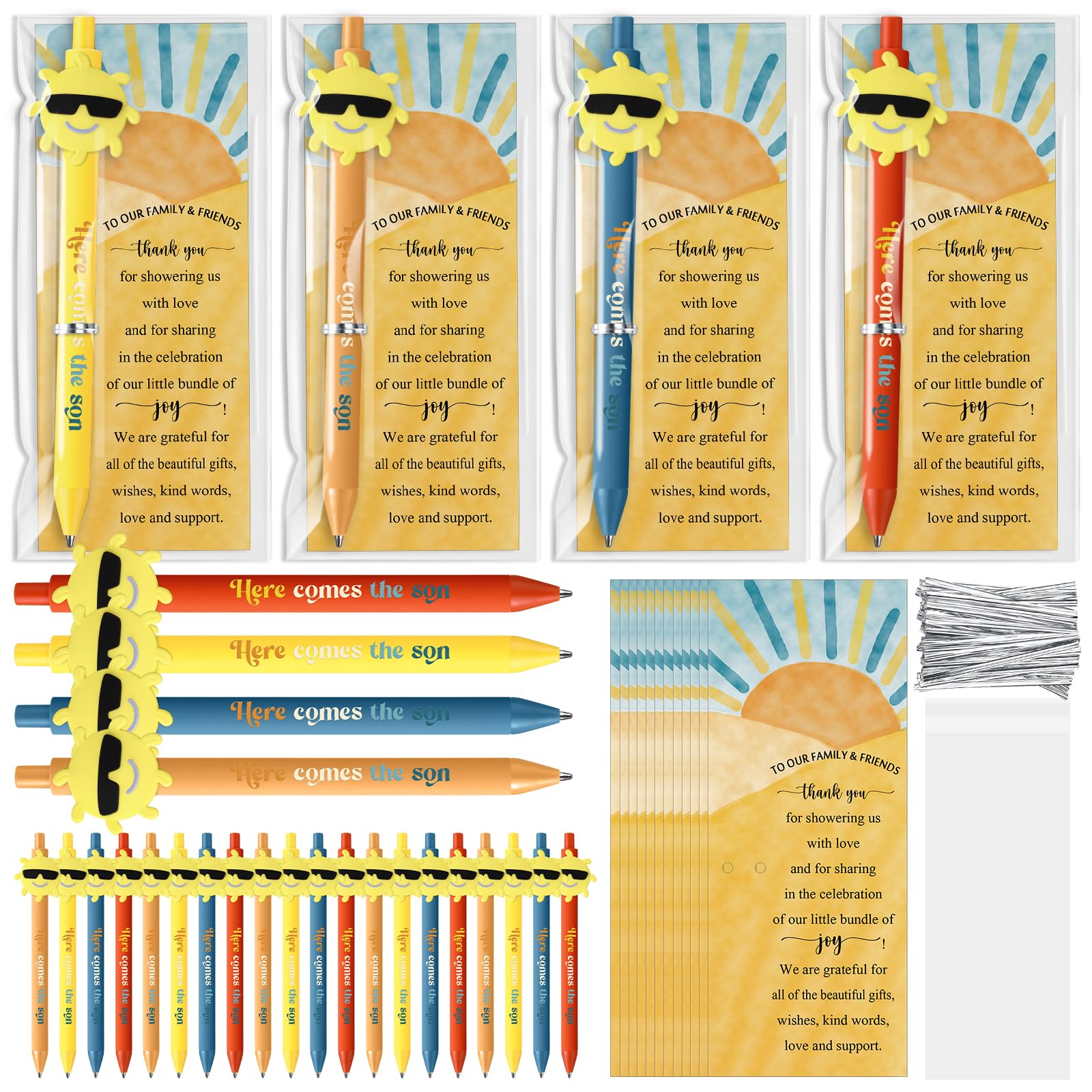 Sayglossy 36 Sets Here Comes The Son Theme Decor Favors Ballpoint Thank You Bookmarks Organza Bag Boho Retro Party Decorations for Gender Reveal Party