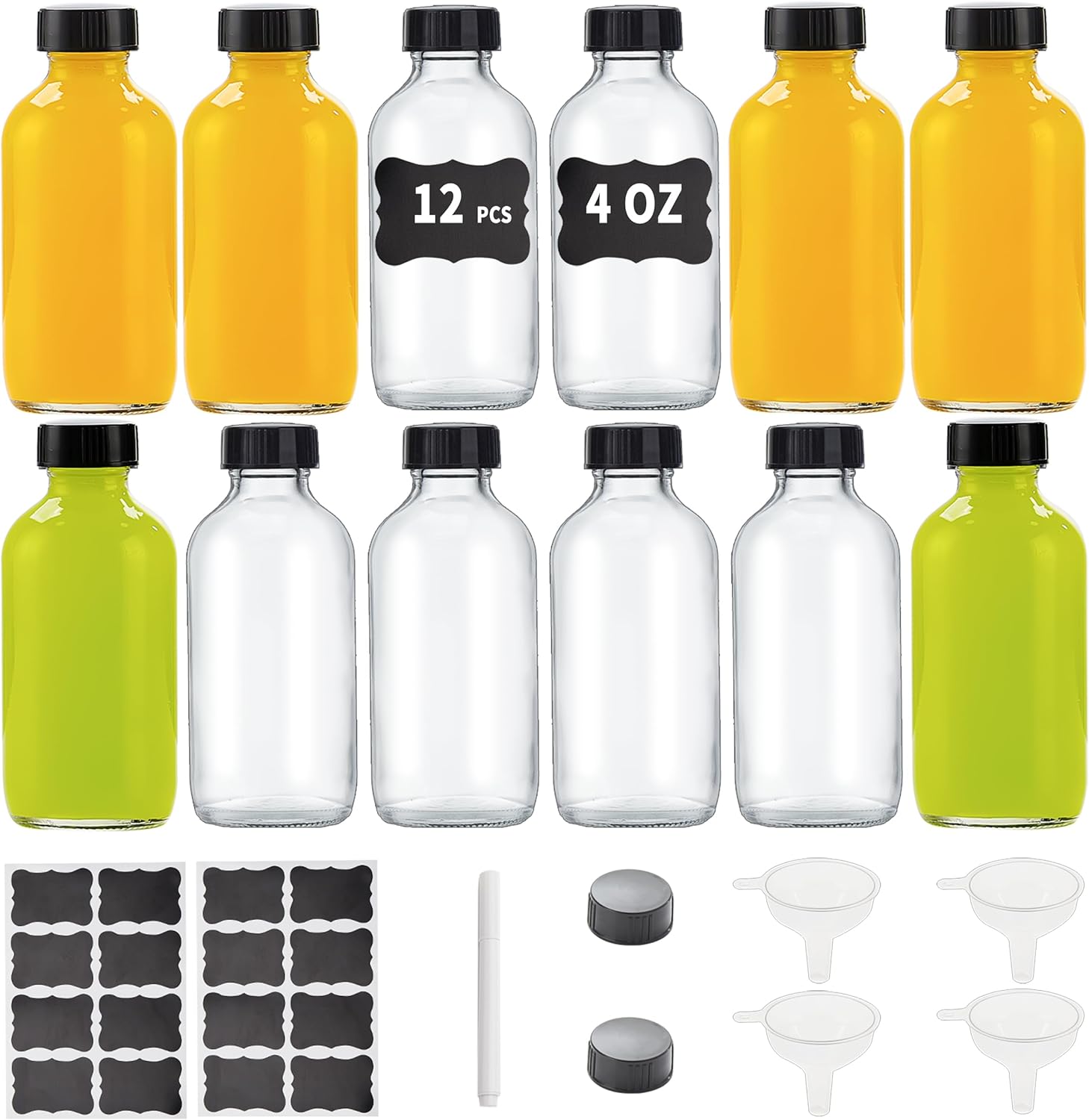 12 Pack Glass Juice Shot Bottles with Caps 4 oz, Small Shot Glasses with Lids for Juicing, Ginger Shots, Wellness Shot, Potion, Liquids