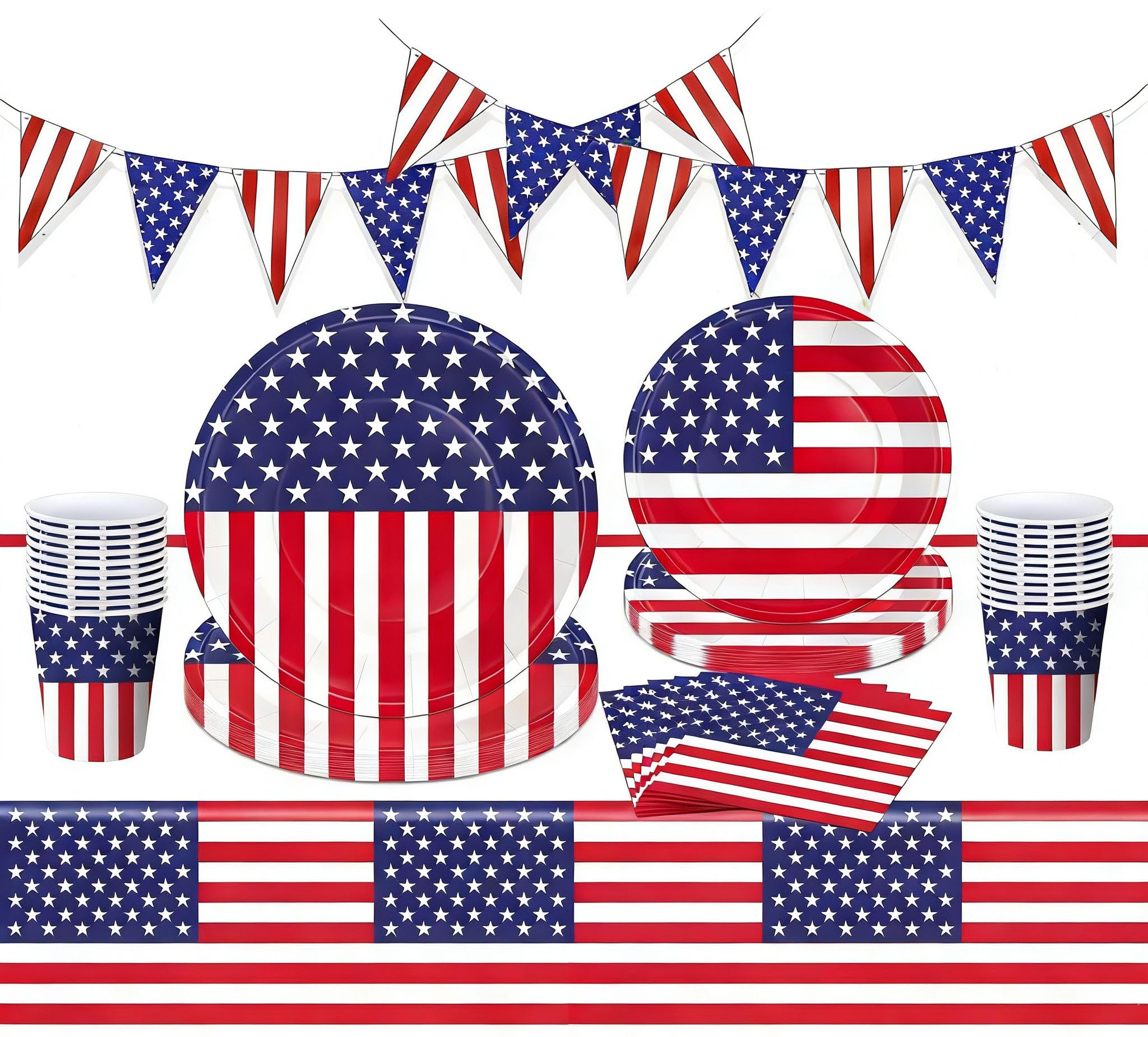 American Flag Party Supplies American Flag Party Tableware Set USA Flag Banner Plates Cups Napkins Tablecloth Red White and Blue Party Favors America Family Gathering Kitchen Dining Serves 20 Guests