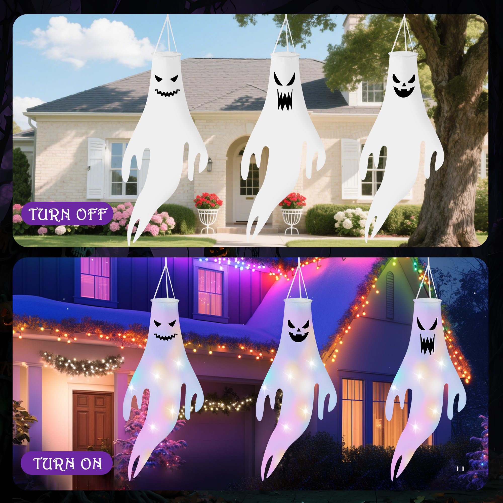 3 Stück Halloween WindsäCke Geist Windsack HäNgen Dekoration Geist Mit Farbig LED Licht Halloween Deko Outdoor,für Terrasse, Innen Außen Garten Horror Mottoparty