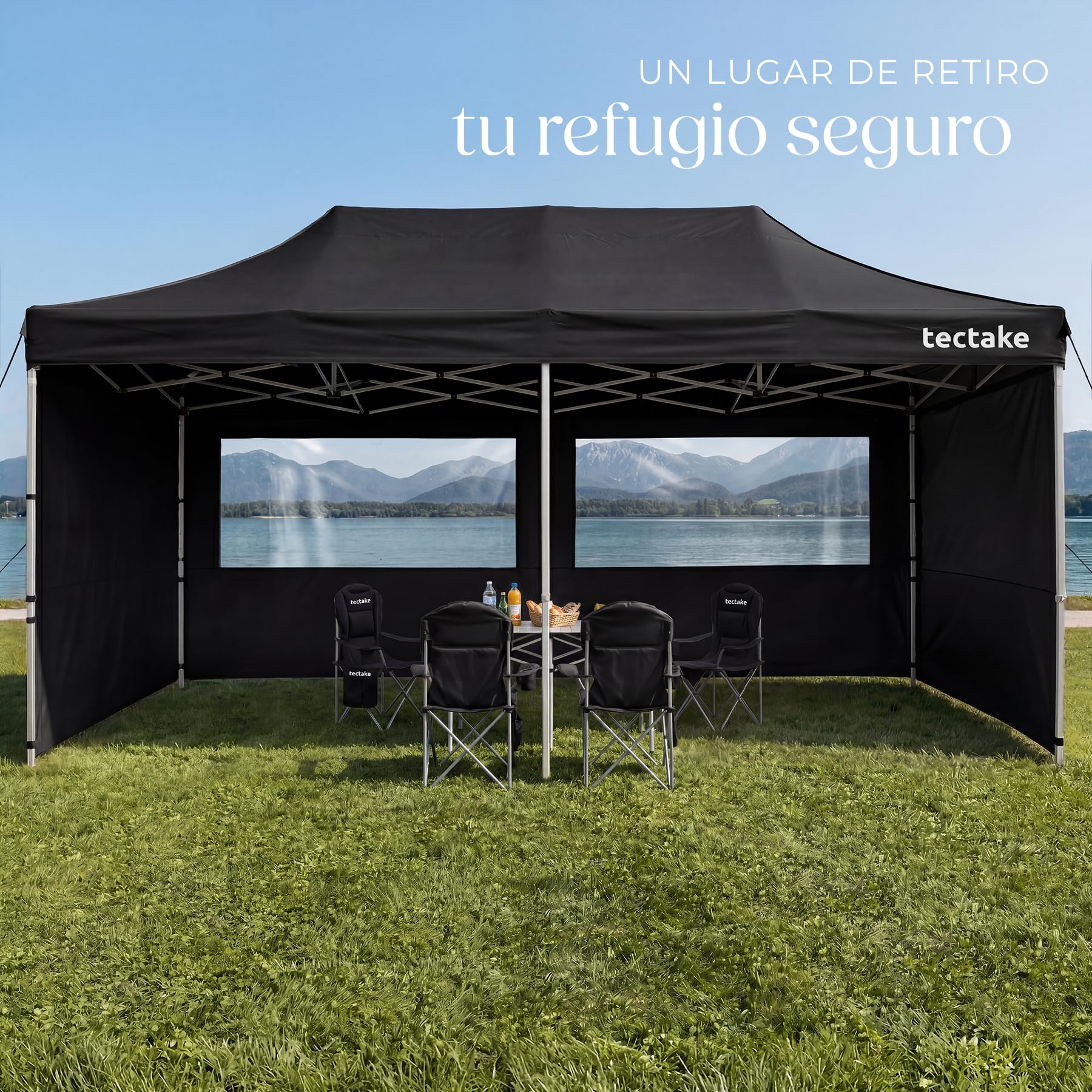 tectake® Carpa Plegable 600 x 300 x 290-316 cm, Cenadores para Jardin, 6 Paneles Laterales Desmontables, 3 Ventanas, Carpas para Exteriores, Pergolas de Jardin, Carpa Playa, Toldo Playa - Negro