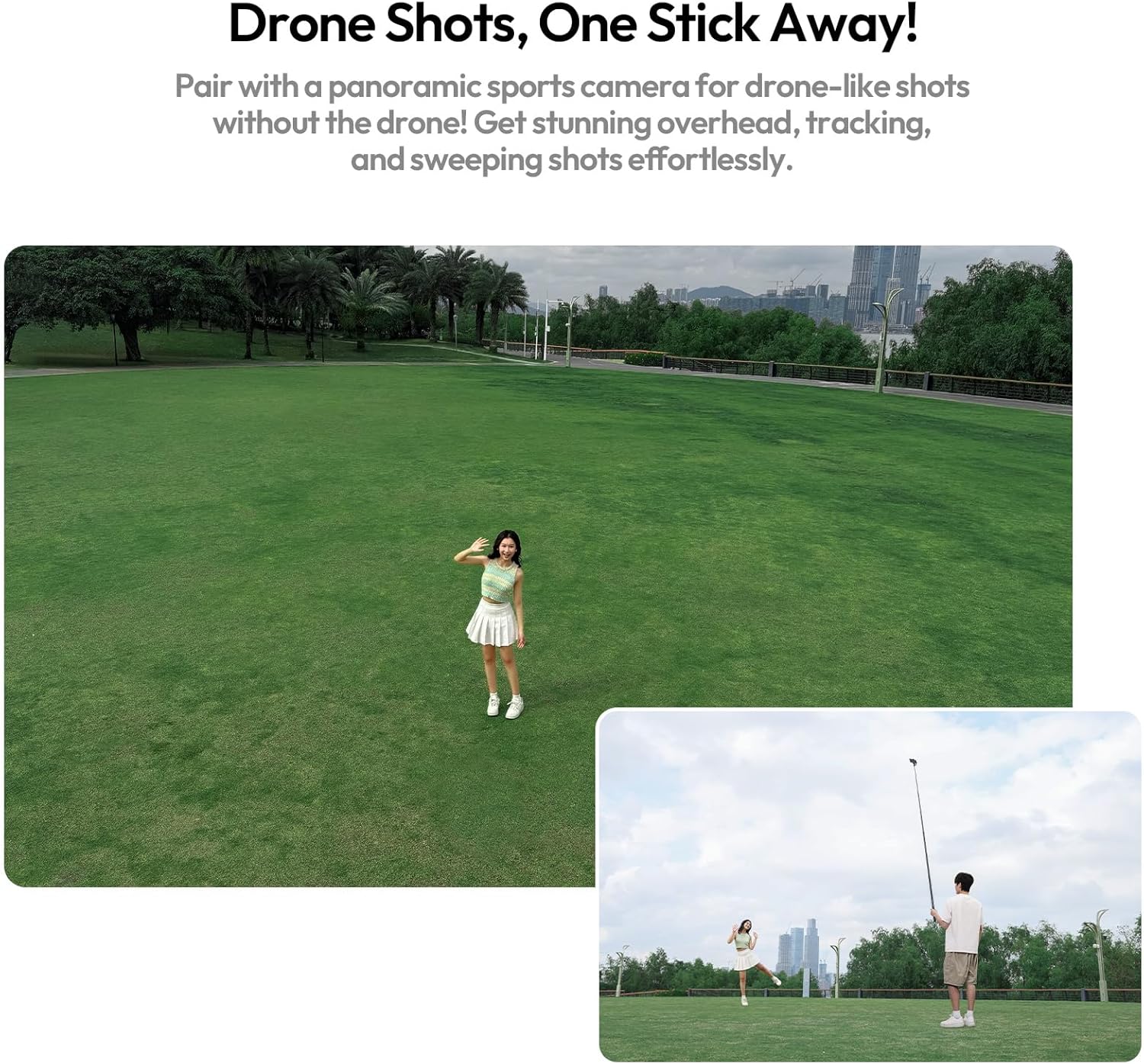 Person using the ULANZI VL02 selfie stick with a 360 camera for an elevated shot