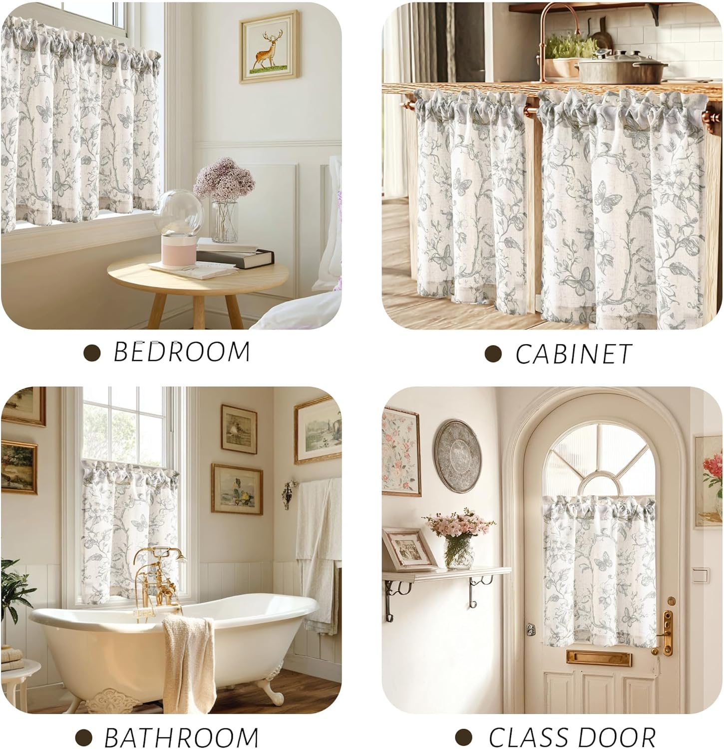 DWCN Floral Kitchen Curtains, 36 Inch Linen Tier Curtains, Farmhouse Cafe Half Window Drapes, Light Filtering for Living Room, Rod Pocket, 2 Panels, Grey on Beige, W42 x L36