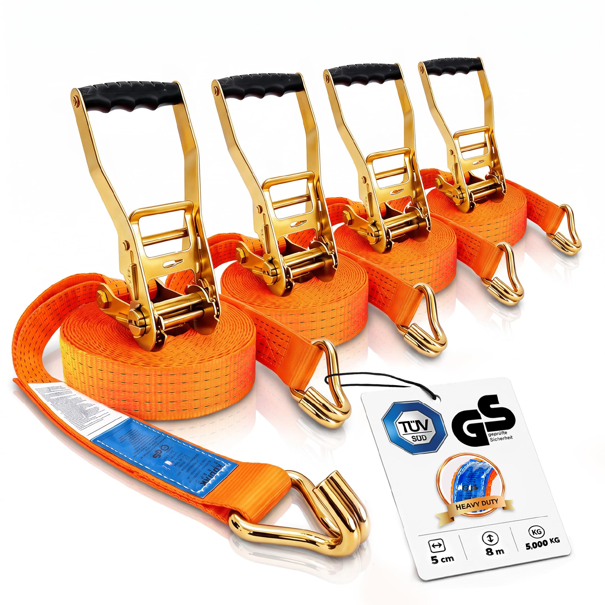 4 Stück Spanngurte 8m x 5000kg mit Ratsche und Haken - 50mm Zurrgurte mit Ratsche - Orange Ratschengurt für Ladungssicherung - TÜV/GS geprüft nach DIN EN 12195-2 - KODIAK STRAPS