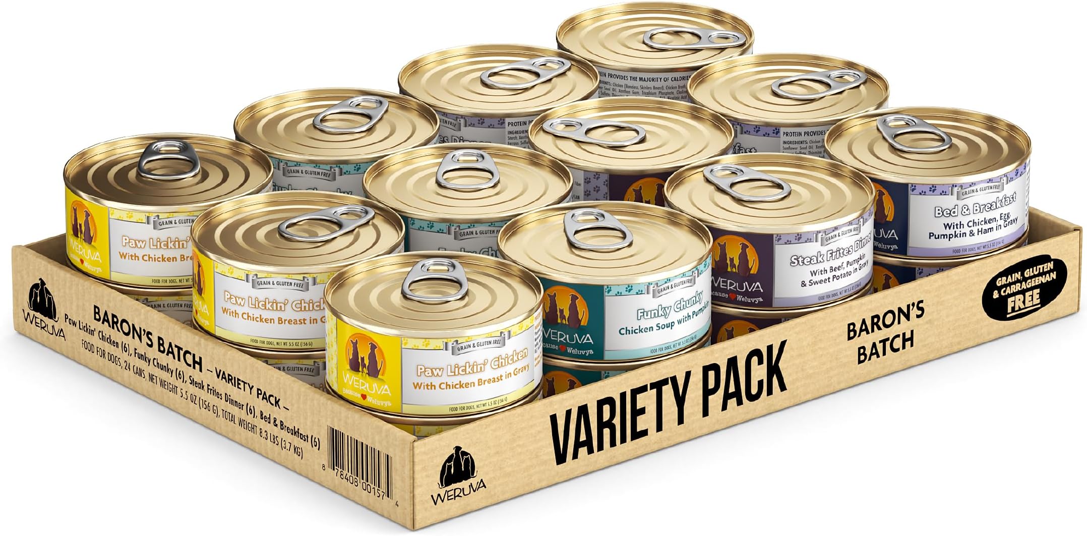 - Weruva Classic Dog Food, Variety Pack, Baron's Batch, Wet Dog Food, 5.5oz Cans (Pack of 24)