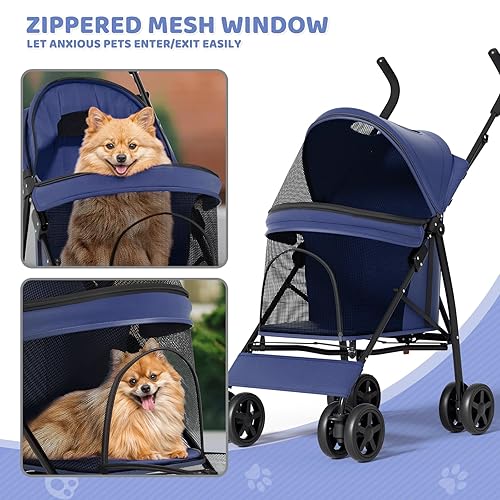 Miniatura 7 de Magshion Cochecito compacto para mascotas para perros y gatos medianos de hasta 22 libras, 4 ruedas, ligero, con forma de paraguas, portátil, con