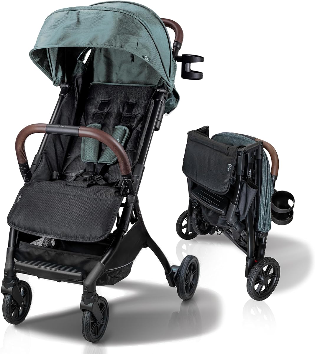 Cochecito ligero para bebés y niños pequeños, ultracompacto, cochecito de viaje apto para aviones, plegable con una sola mano, reclinable casi plano, toldo XL y portavasos para padres -LinQ (v2 verde salvia)