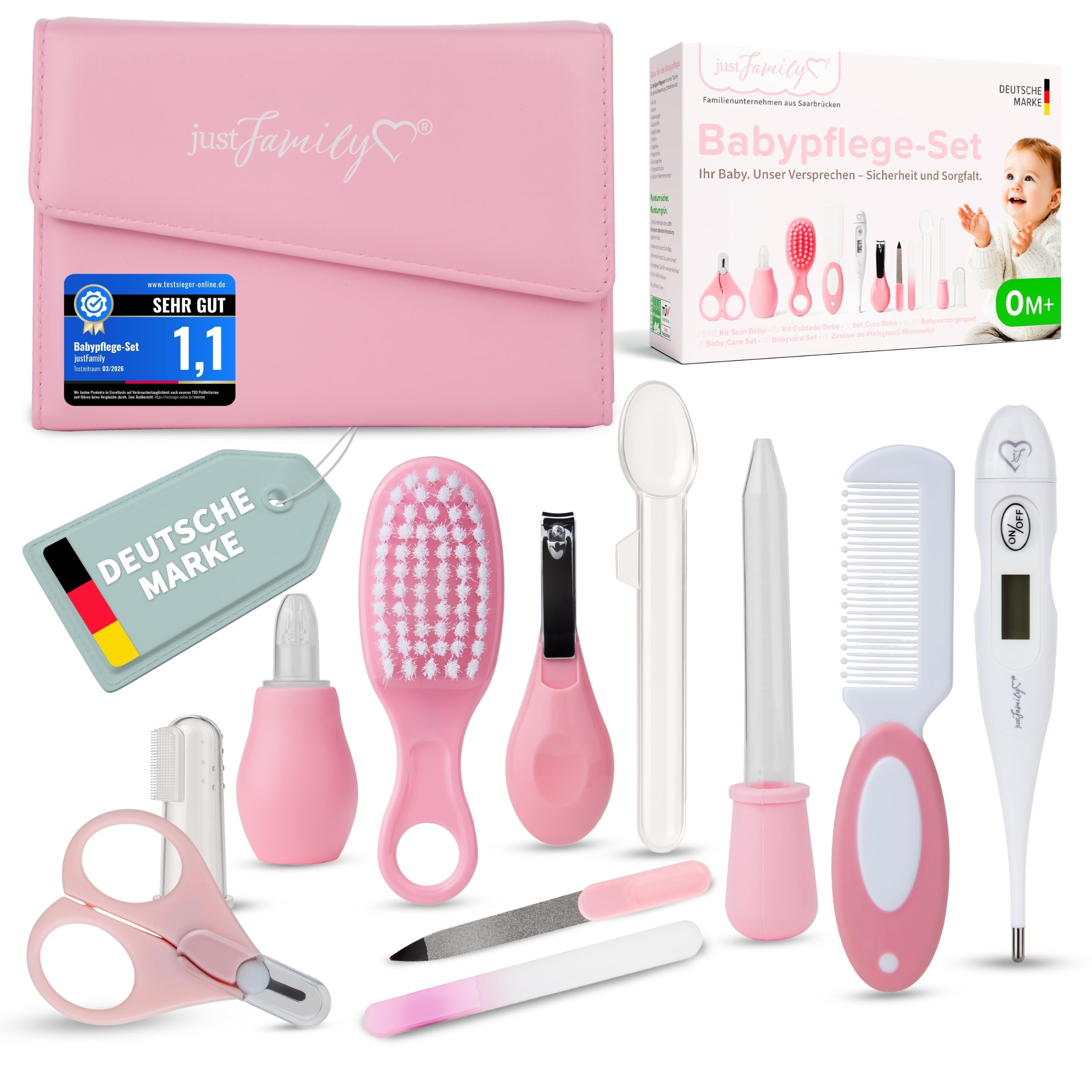 TPFFamily Baby Pflegeset Neugeborene (Pink) – 10-teiliges Set mit hochwertiger Baby Nagelschere, Nasensauger, Bürste und mehr – Ideal als Erstausstattung und die tägliche Pflege