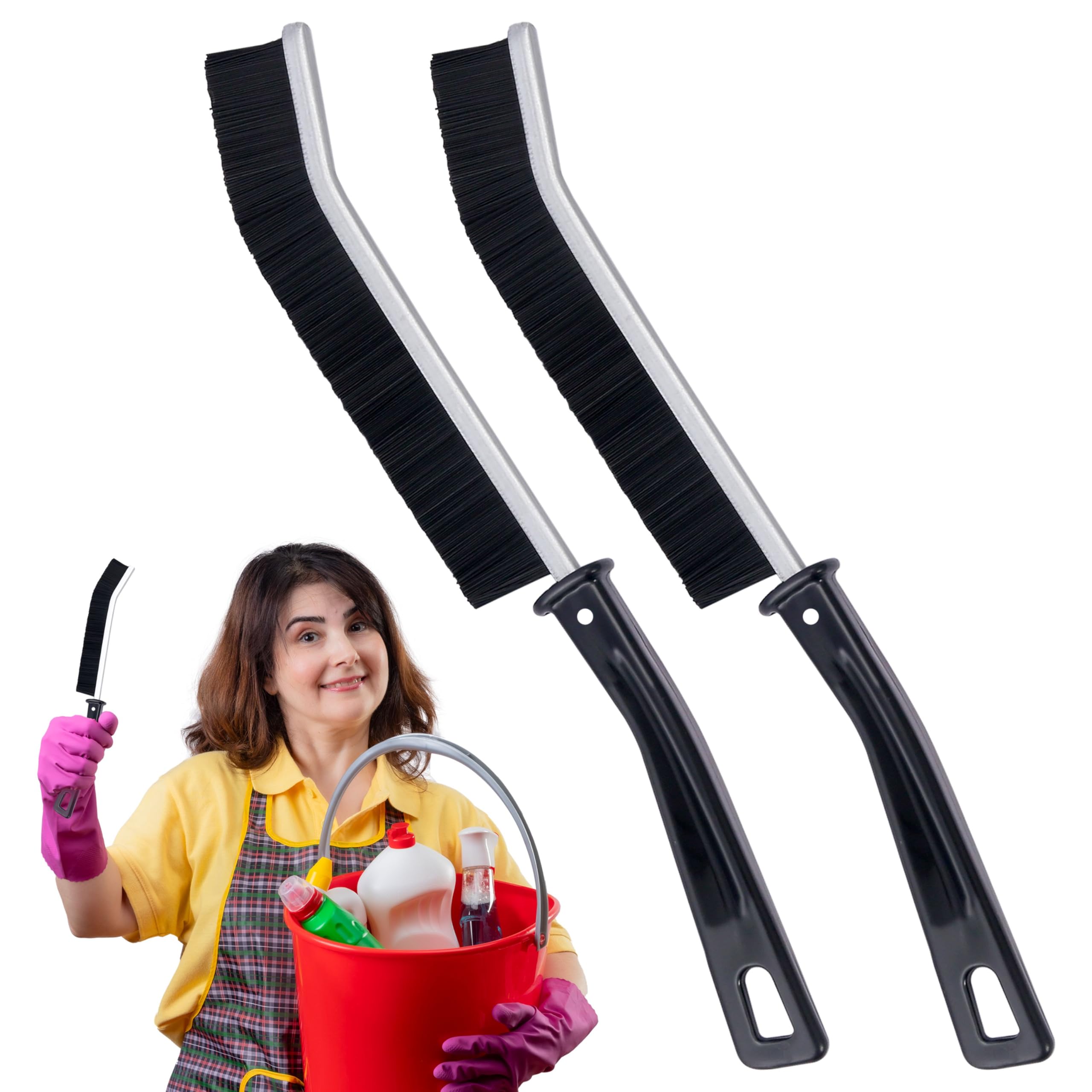 Toriva Black Crevice Cleaning Brush Set - 2 Pcs Hard Bristle Crevice Cleaning Tool For Grout, Tile Floors, Gaps & Narrow Spaces - Long Handle Grout Scrub Brush For Cleaning Bathroom, Shower, Window Tracks, Kitchen