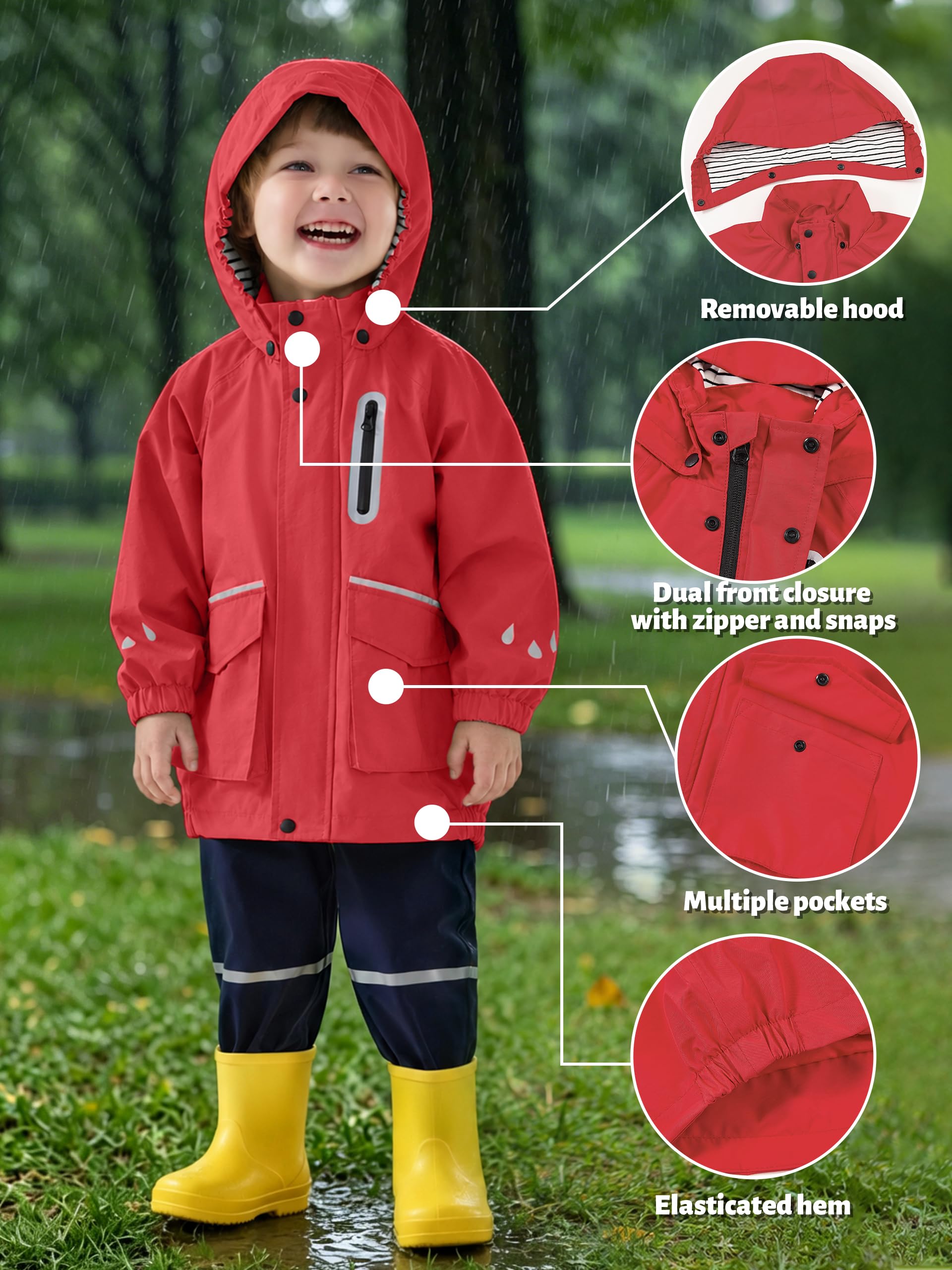 Volunboy Veste de Pluie Imperméable pour Enfants, Coupe-Vent Léger à Capuche Amovible, Bandes Réfléchissantes, Fille & Garçon 2-6 Ans