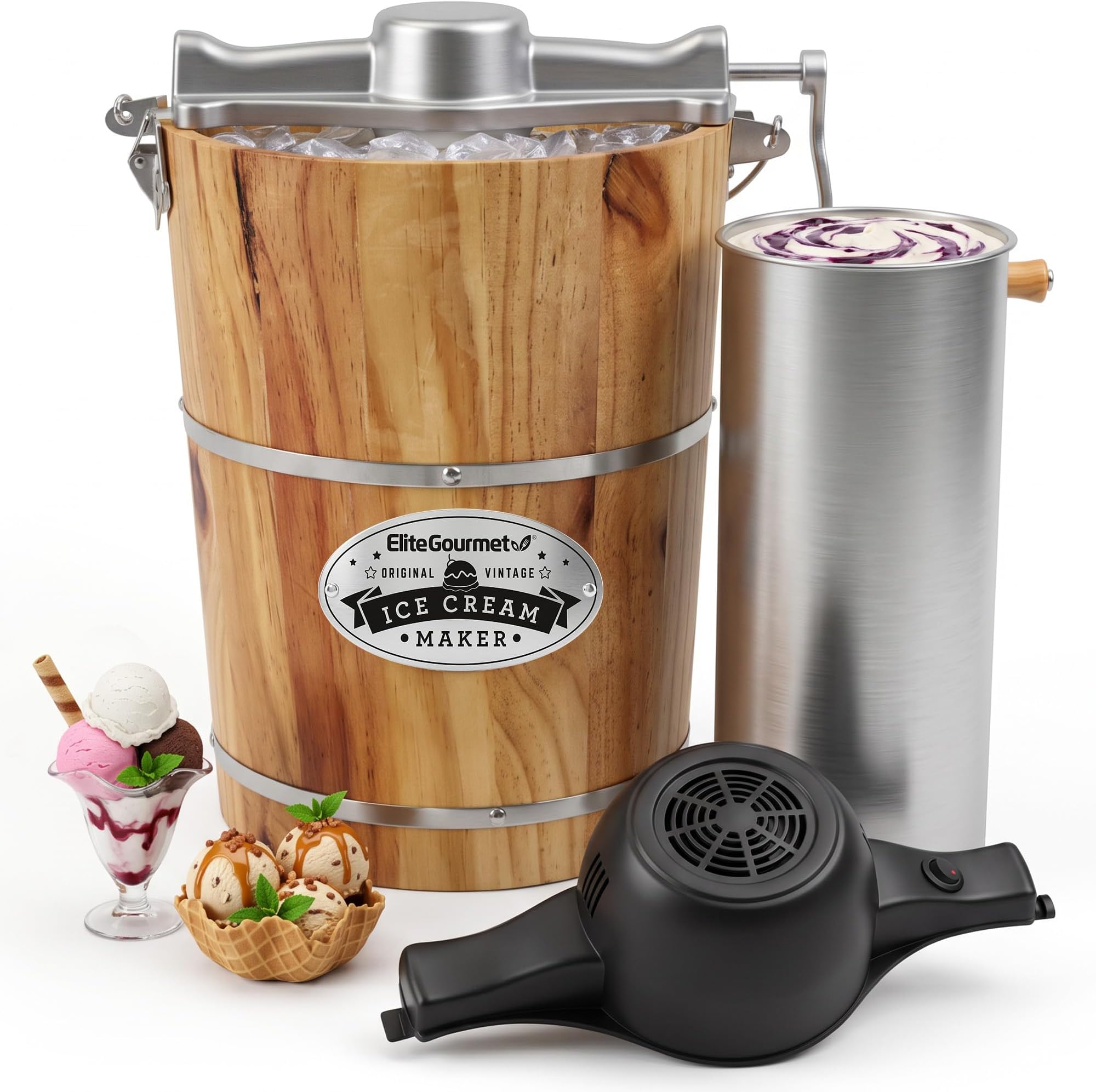 Elite Gourmet EIM916 6Qt Old Fashioned Wood Bucket Ice Cream Maker