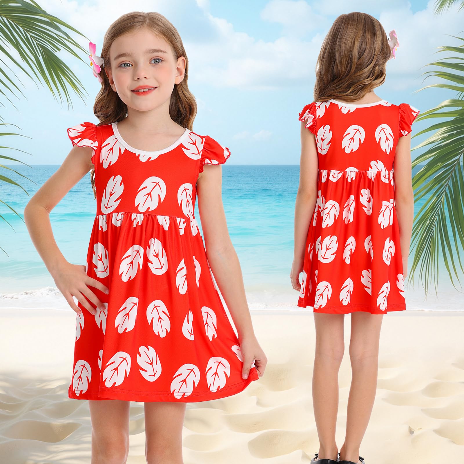 Jurebecia Girls Hawaiian Fancy Dress Red Flutter Sleeve Leaf Print Dresses Halloween Cosplay Costume with Accessories 4-5 Years - Image 4