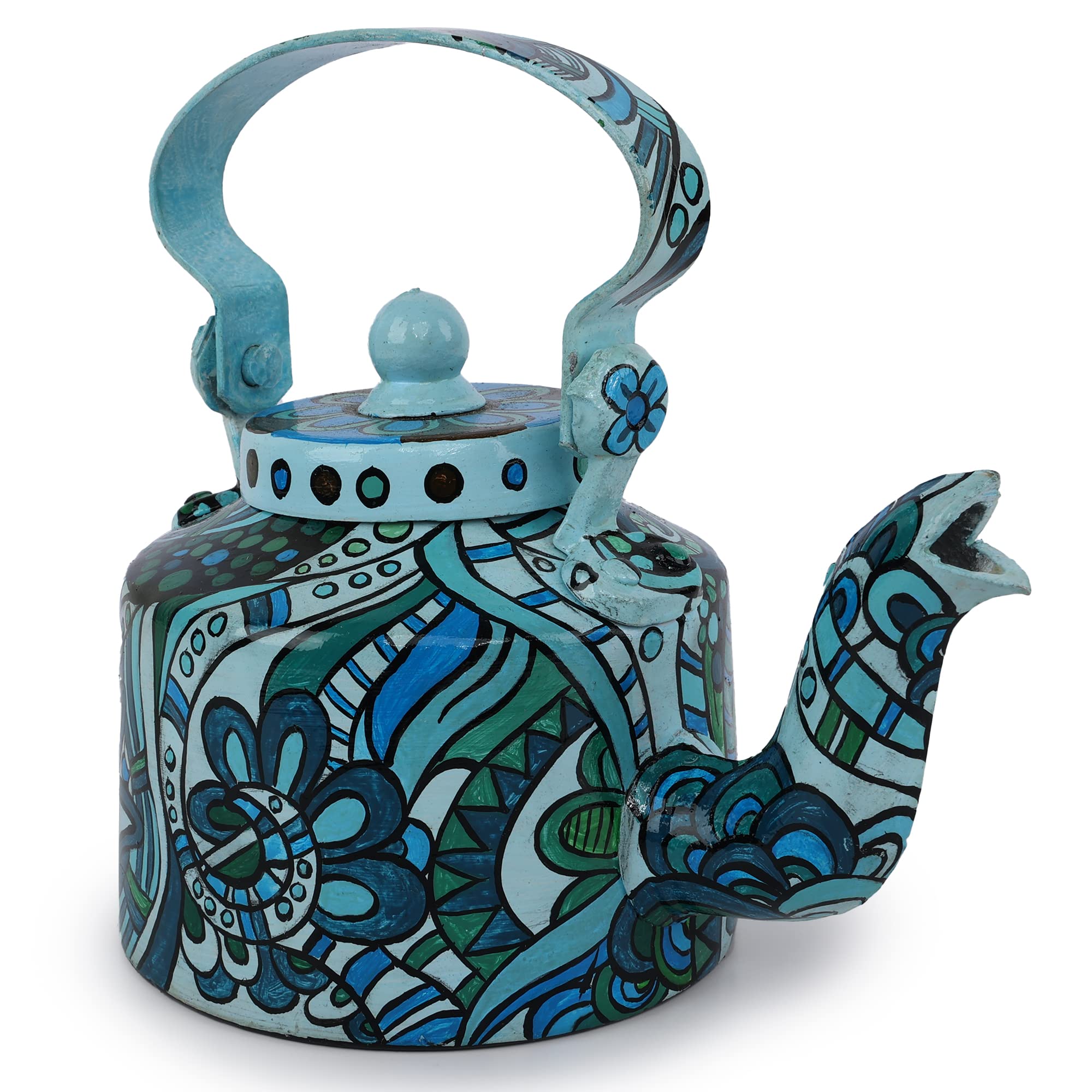 Indha Handpainted Aluminium Decorative Kettle | Turquoise & Blue Abstract Art Print | Tabletop Centerpiece | Ethnic Boho Home Décor | Artisan Craft | 1 Litre | Gift Item-image-25