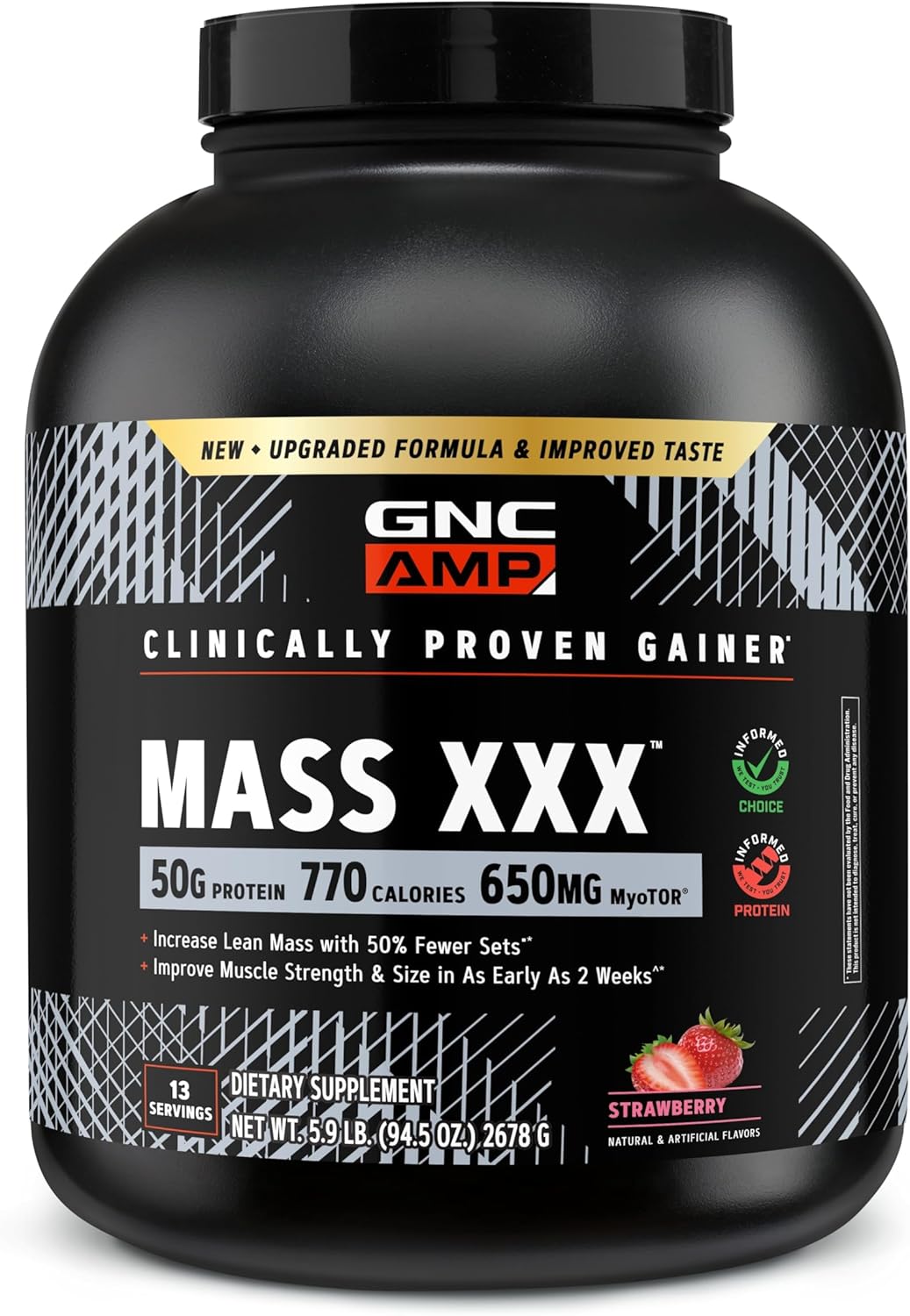 GNC AMP Mass XXX with MyoTOR - Delicious Protein Powder for Active Lifestyles - Clinically Tested Formula - Elite Sports Nutrition - Gluten-Free - Strawberry - 96.1 oz (13 Servings)