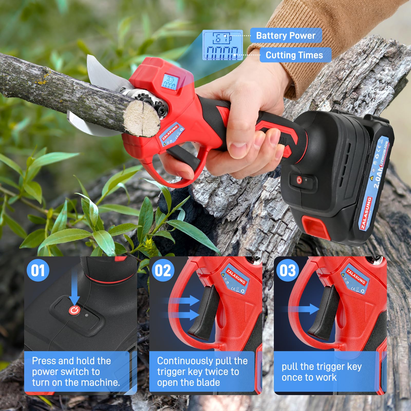 Tijeras Podar Eléctricas con Batería, Compatible con Baterías Makita BL, con 2 baterías 2000 mAh 21 V, 35 mm Motor sin Escobillas con Interruptor Seguridad y Podómetro
