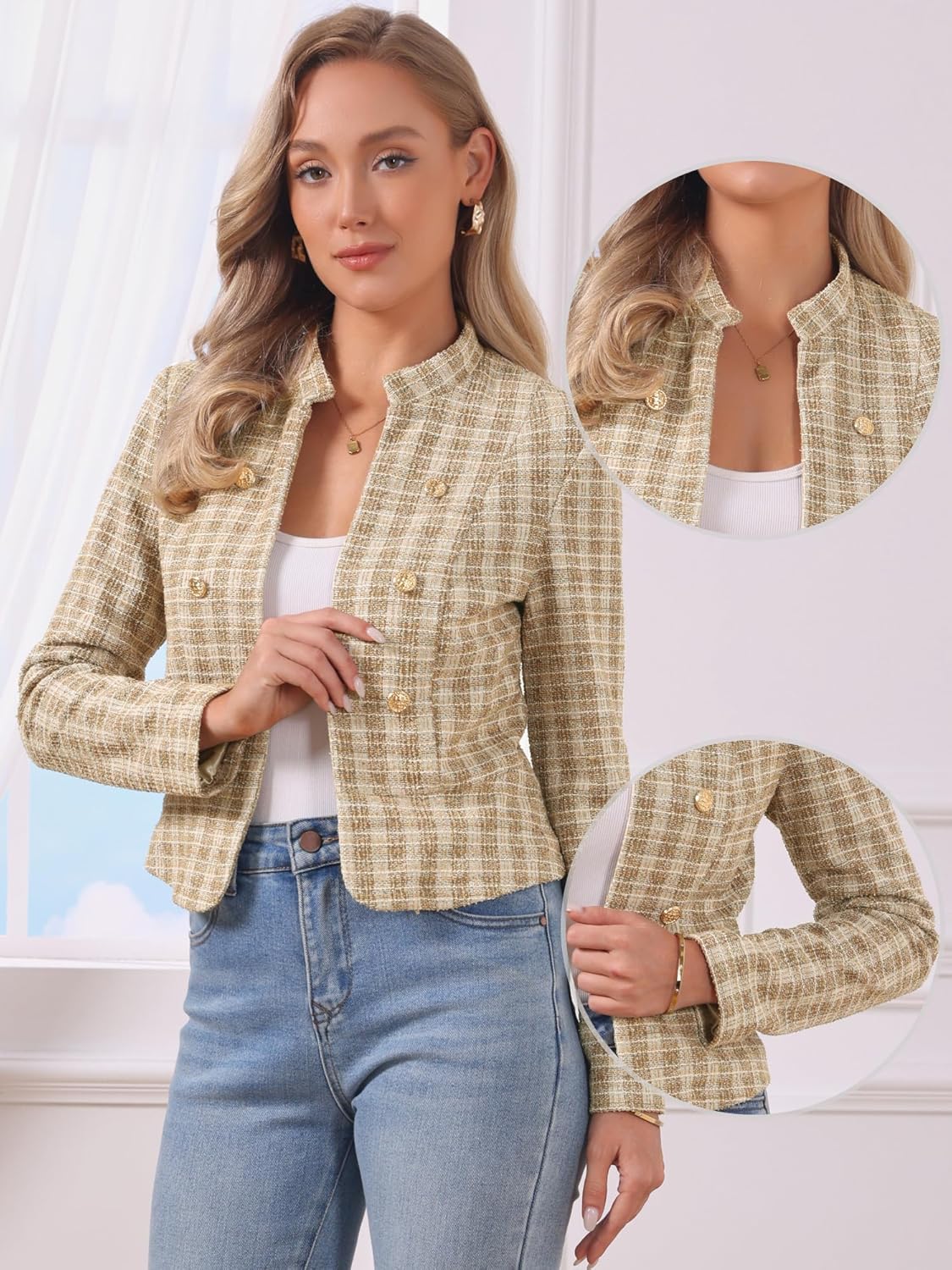 Allegra K Vintage Tweed Jackets for Women's Stand Collar Business Open Front Cropped Blazer Jacket - Image 2