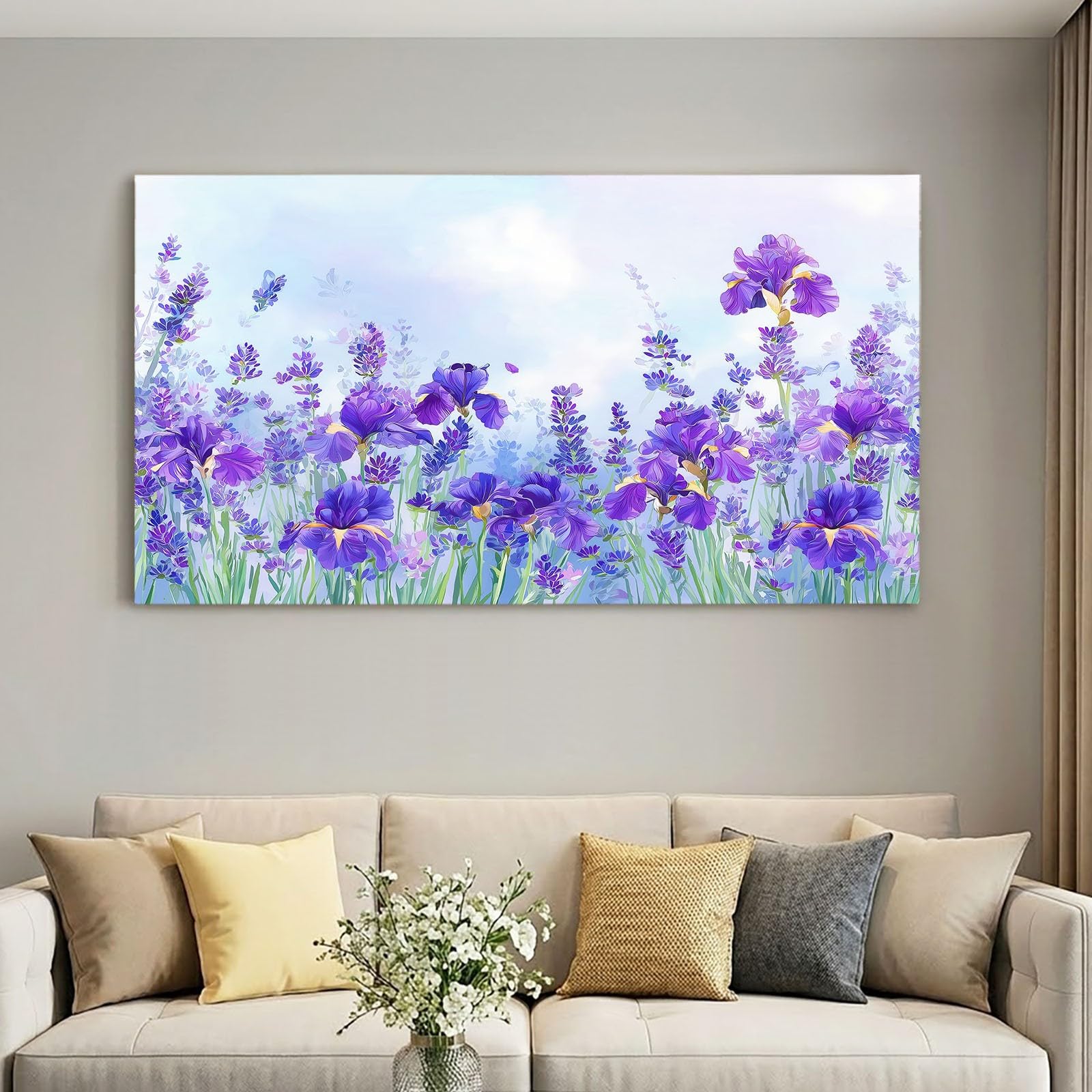 Genérico Impresión sobre lienzo, estilo campestre para decoración de pared, pintura, 120 x 60 cm, azul, floral, lavanda planta, carteles artísticos, para salón, dormitorio, cocina, oficina,
