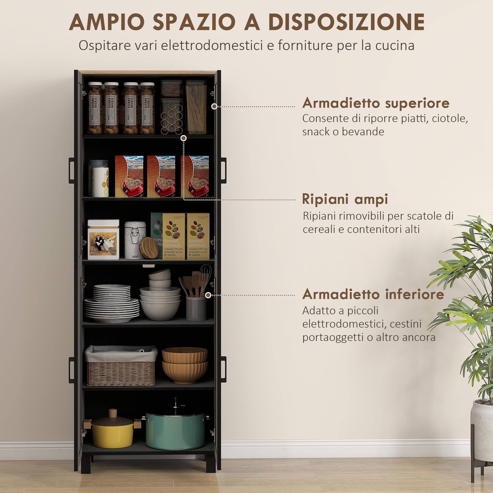 HOMCOM Credenza Cucina Alta, Mobile Dispensa con 4 Ante, 2 Armadietti, 5 Ripiani Regolabili, Mobile Cucina Moderno per Sala da Pranzo Soggiorno, 60x30x170.5 cm, Nero
