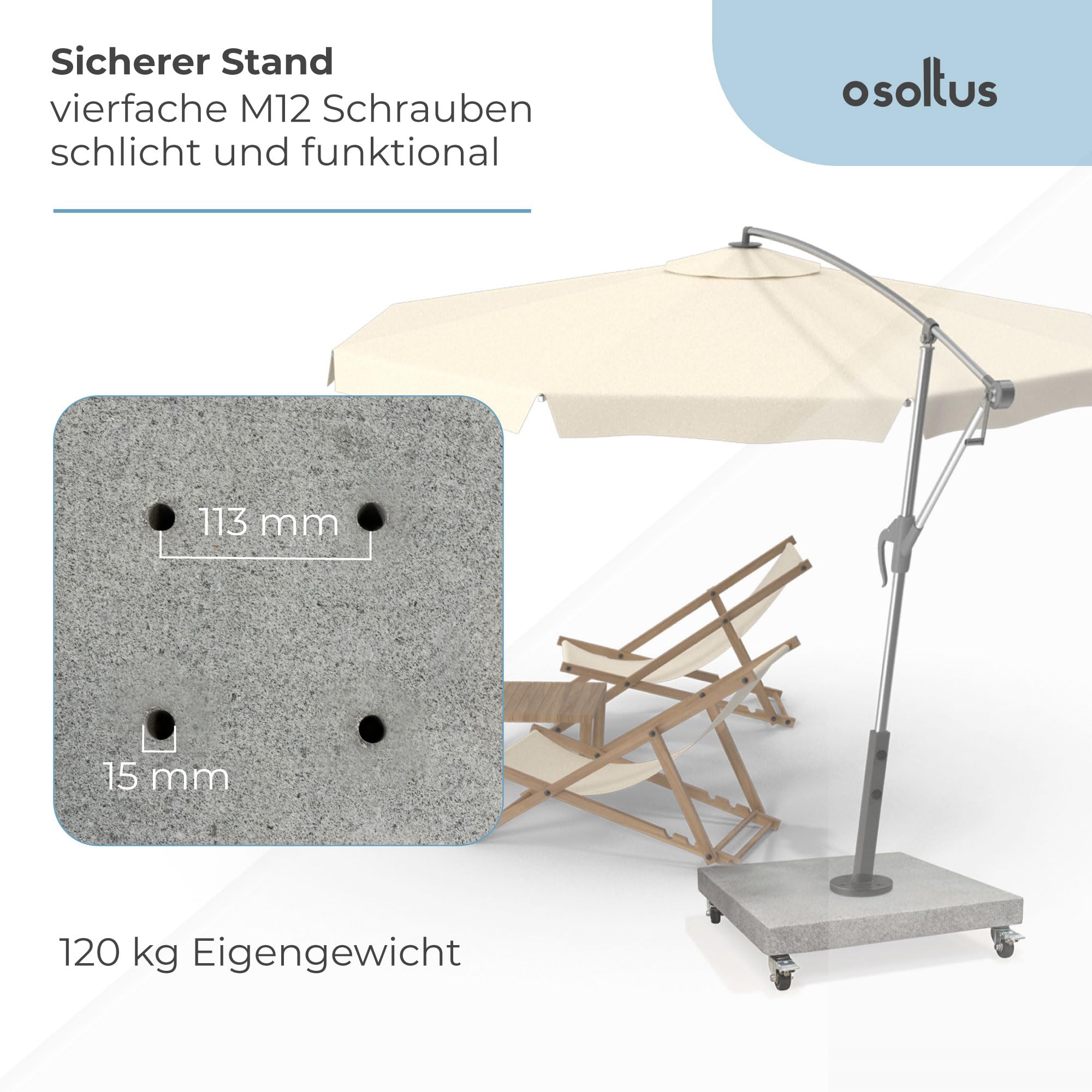 osoltus Granit Schirmständer 120 kg mit 4 Rollen zu Ampelschirm 80 cm x 80 cm