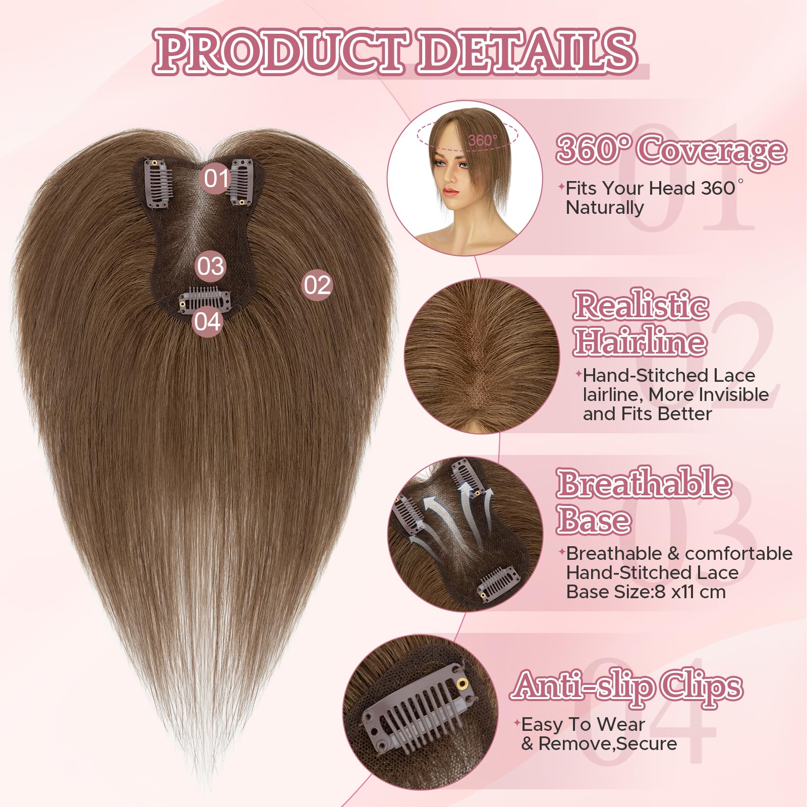 SEGOHAIR Hair Toppers for Women Human Hair 360°3D Coverage Lightweight - Image 2
