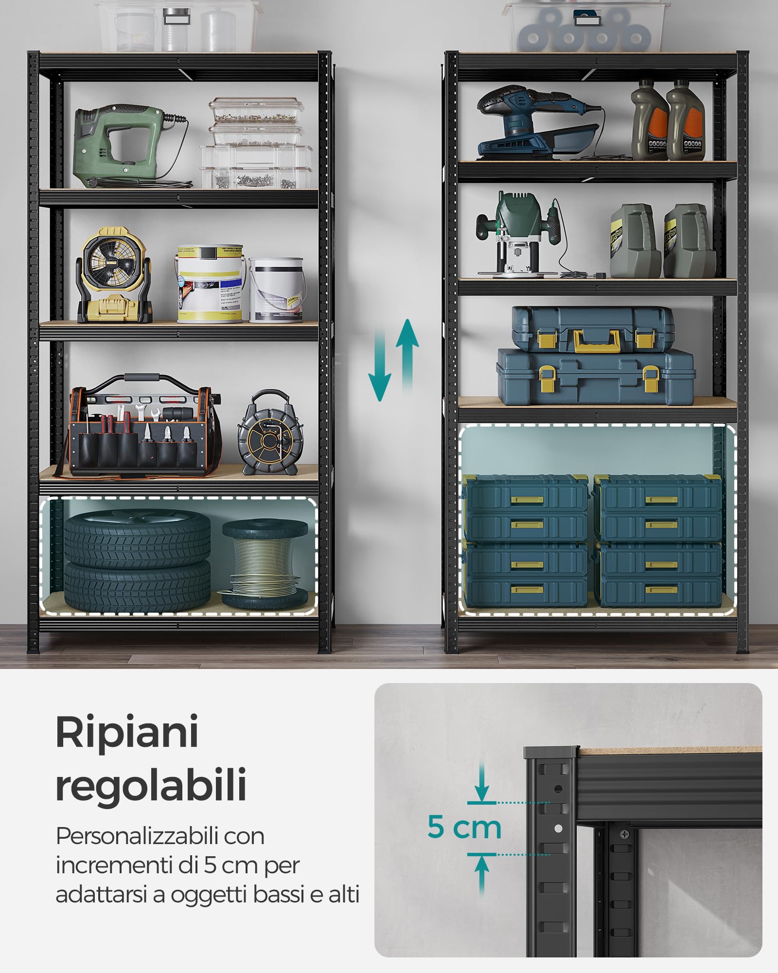 SONGMICS Scaffalatura a 5 Ripiani, Scaffale in Acciaio, Montaggio Rapido, Utensili, Strumenti in Garage, Magazzino, Ripostiglio, Portante 600 kg, 50 x 100 x 200 cm, Nero GLR050B01