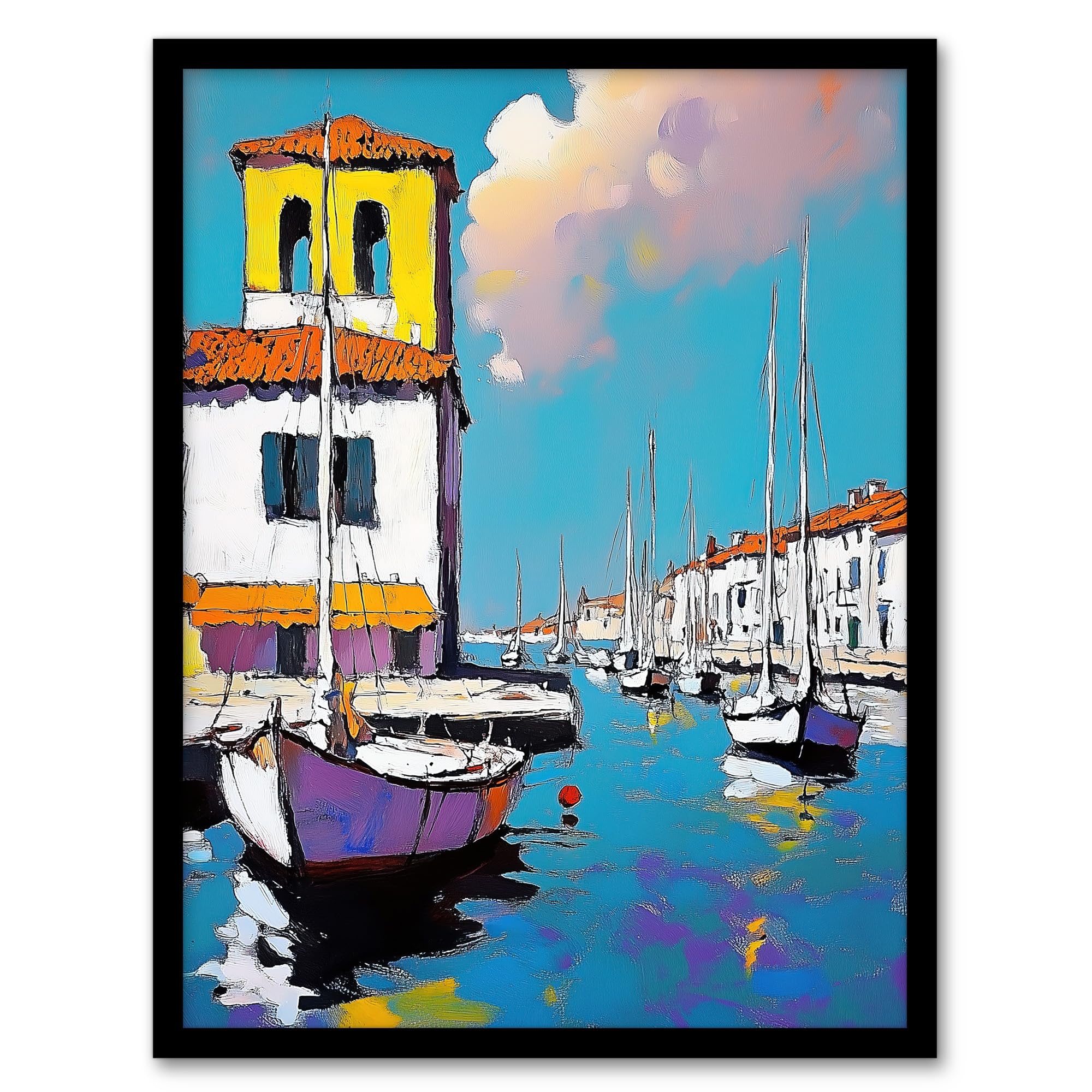 Artery8 Portofino Italy Harbour Sailboats Marina Painting Bathroom Toilet Artwork Framed Wall Art Print A4