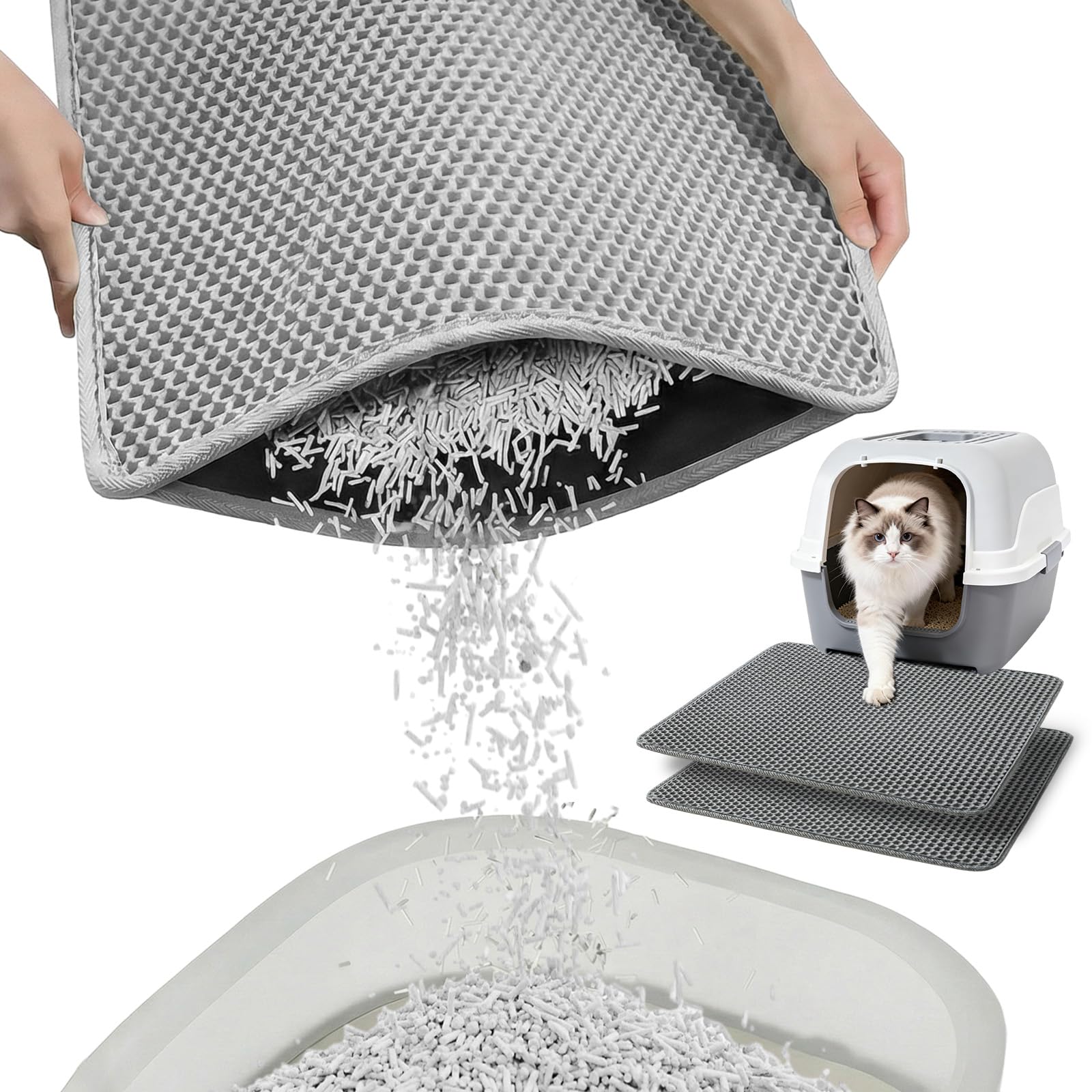 Cat Litter Mats (2-Pack) 24" x 18", Litter Box Mat, Non-Slip Waterproof Litter Mat with Honeycomb Trapping Layer, Easy Clean Leakproof Litter Matt, Soft EVA Durable Anti-Scratch Kitty Litter Mat