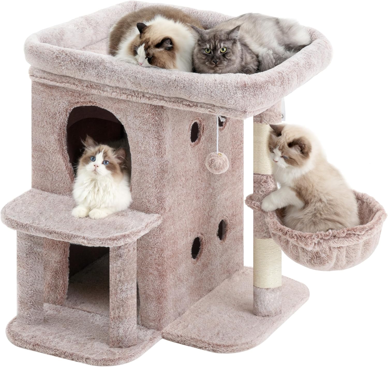 Heybly Cat Tree, 25.6-inch Cat Tower with Spacious Top Perch for Large Cats, Stair-Style Cat House Furniture with Dual-Layer Condos, Sisal Scratching Posts, Cozy Basket & Pompom, Muchroom HCT204SMU