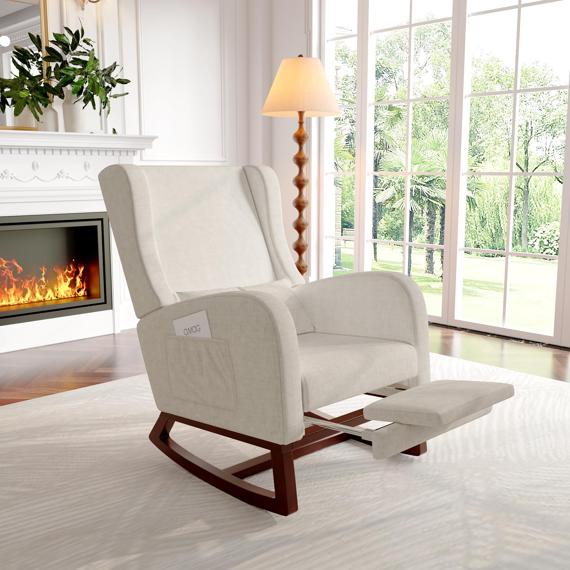 Générique Fauteuil à Bascule en Velours, Chaise a basule avec Oreiller Lombaire, Poche latérale et Repose-Pieds, Rocking Chair, Fauteuil de Salon à Bascule pour Salon, Chambre (Beige)