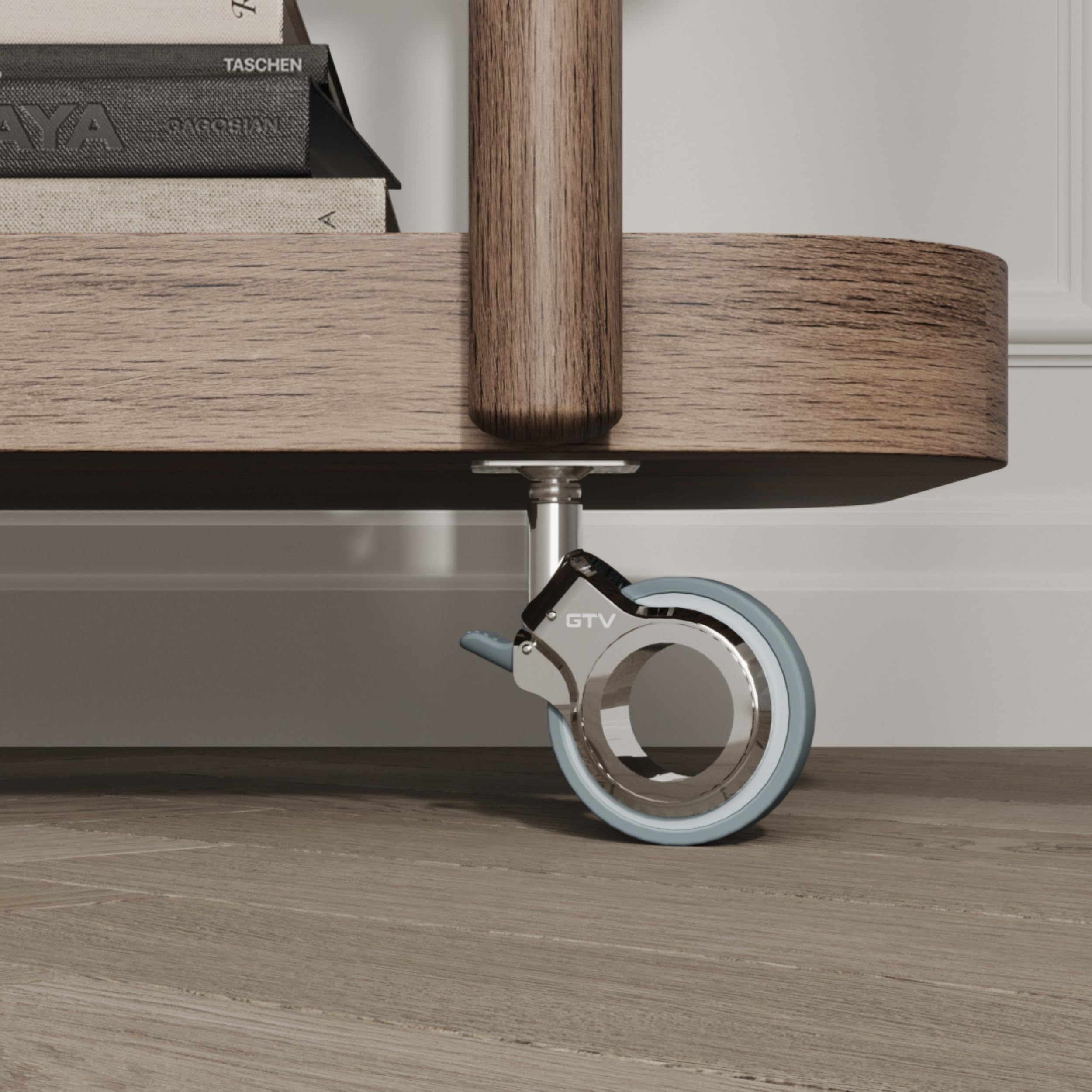 GTV – Rotelle per mobili GIRA, set di 2 ruote frenate + 2 ruote per mobili senza freno, cromato/grigio opaco, girevole a 360°, per scrivania, mensola, tavolino, sgabello, diametro 60 mm, altezza 94 mm