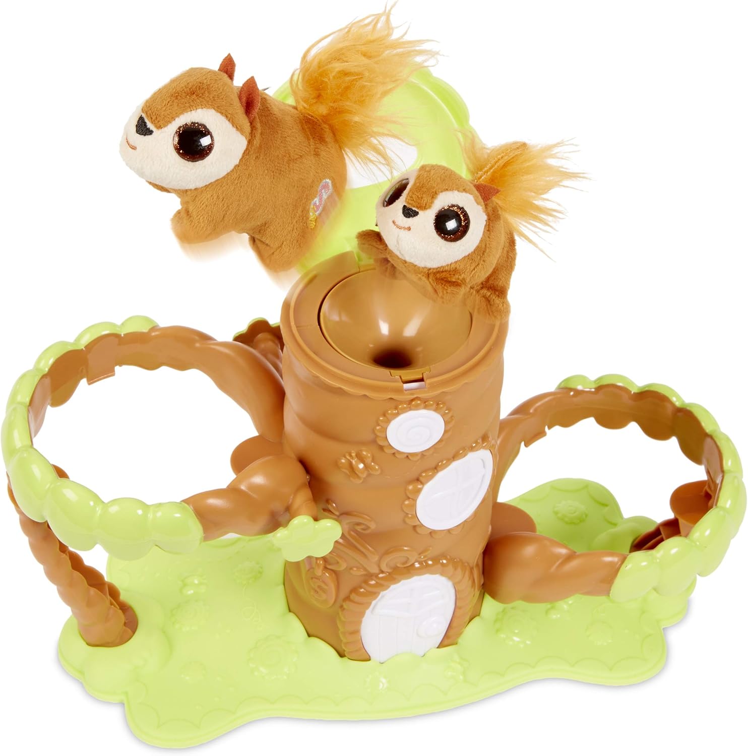 Two Springlings characters simultaneously popping out of the treehouse, demonstrating the toy's action.