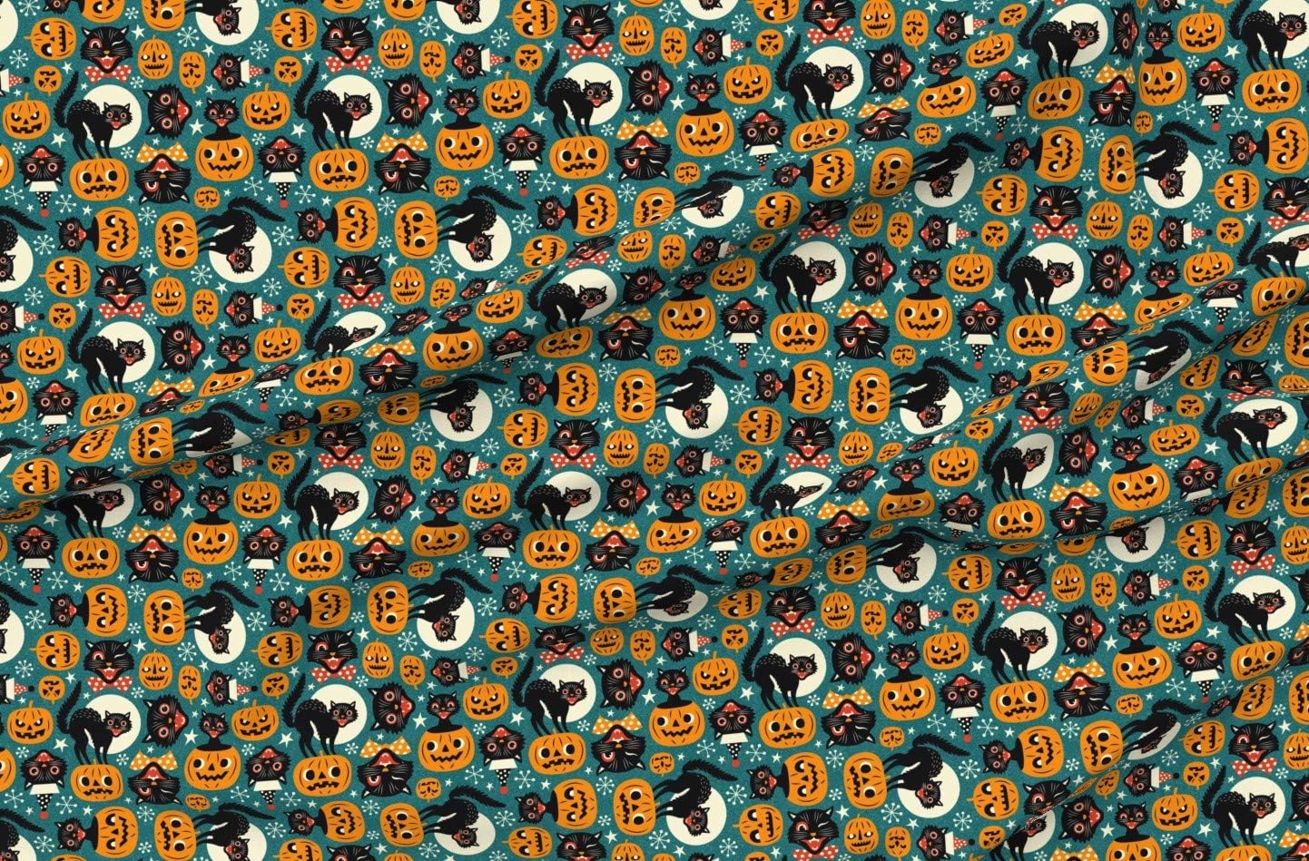 Spoonflower Fabric - Spooky Vintage Cats Pumpkins Dark Blue Black Pumpkin Retro Halloween Printed on Polartec(R) Fleece Fabric by The Yard - Sewing Blankets Loungewear and No-Sew