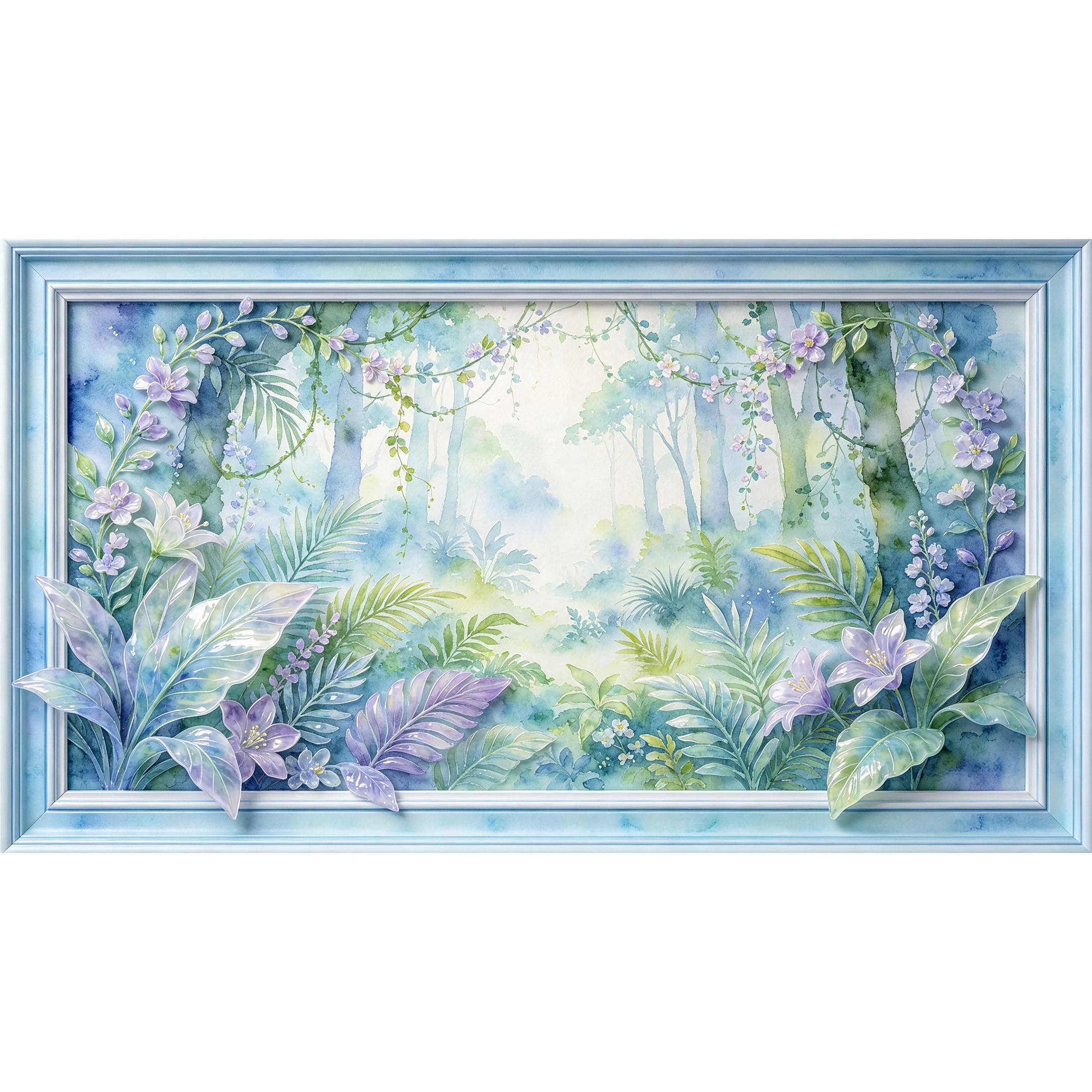 QZLITHOTIC 50×90cm3D Framed Wall Art， Blue Watercolor Forest Botanical Self?Adhesive Mural， Water?Activated Peel & Stick Fabric Decor Wall Decal for Bedroom Living Room