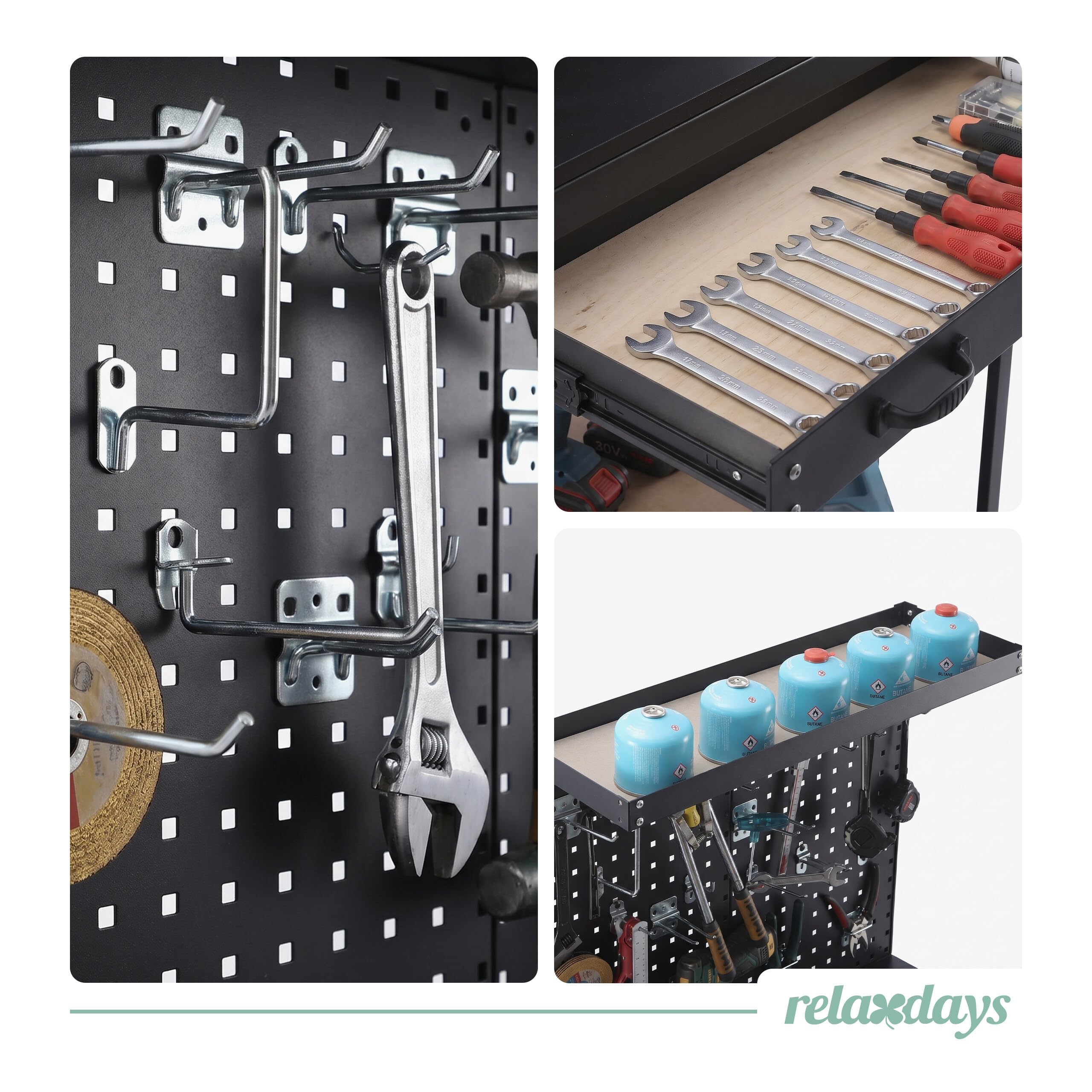 Relaxdays Werkbank, HBT: 156x81x41 cm, 3 Ebenen, mit Schublade, Lochwand & Zubehör, Stahl & MDF, Werkstattregal, schwarz