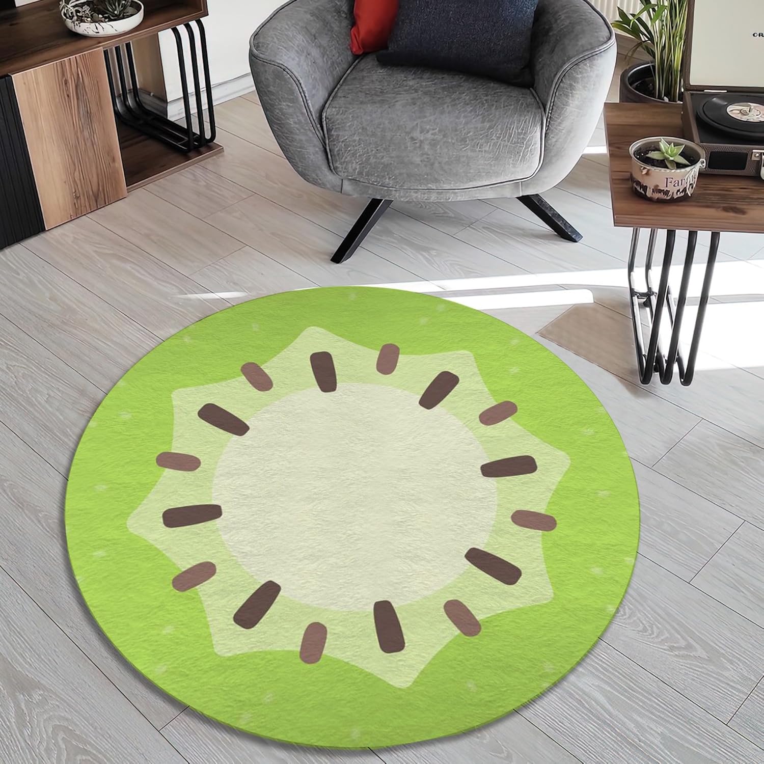 Cute Kiwi Fruit Rug Cool and Fresh Home Decor for Kitchen Kids Room Bathroom Bedroom Non Slip Machine Washable Round Large Area Rug Spring Summer Home Decoration Carpet (4x4 ft.)