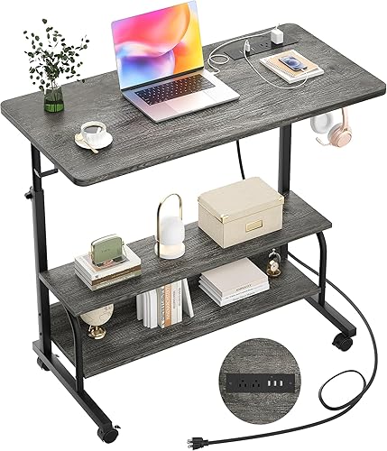 Height Adjustable Standing Desk with Power Outlets, 32" Manual Stand Up Desk with Storage Shelves Small Mobile Rolling Computer Desk Portable Laptop