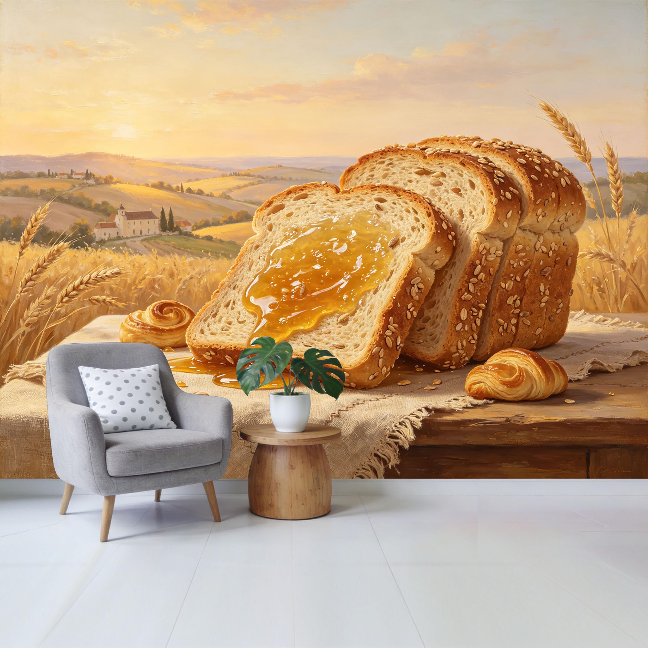 Qzlithotic Yq2605250676 Custom Size Wall Mural Rustic Honey Wheat Bread Farmhouse Landscape Oil Painting Selfadhesive Wall Fabric Removable Wallpaper For Home Office Decor