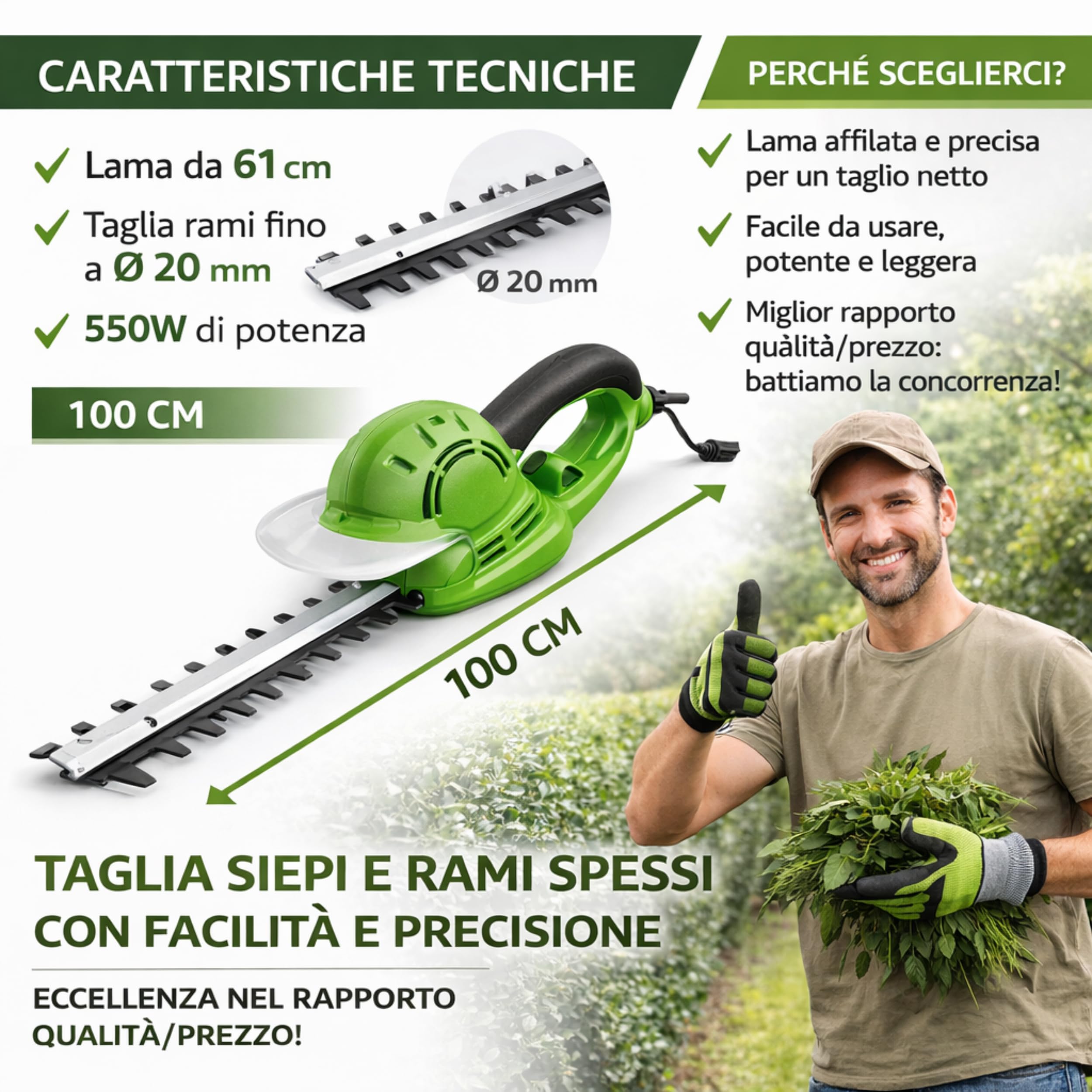 Tagliasiepi Elettrico 550W - Lama Doppia Azione Da 61 cm PERFETTO PER RAMI DURI - Taglio 20 mm - Freno Elettrico INTEGRATO - Tagliasiepi Elettrico con Filo - LEGGERO e POTENTE per Giardino